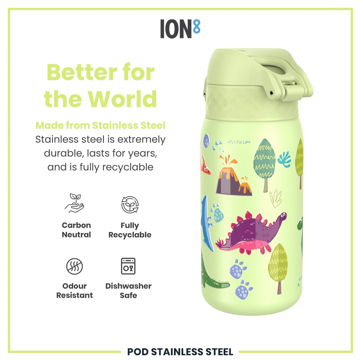 Ion8 stainless steel water bottle with dinosaur design, 400ml leak-proof, durable steel water bottle for kids.