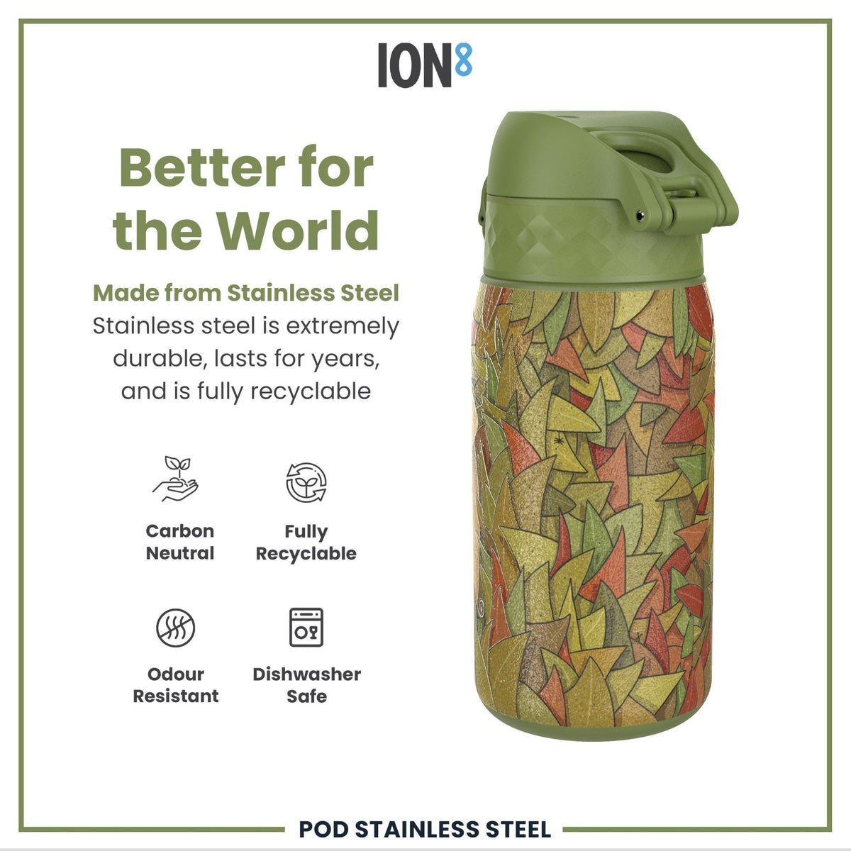 ION8 stainless steel water bottle with elephant design, 400ml capacity, leak-proof, durable steel construction for hydration on the go.