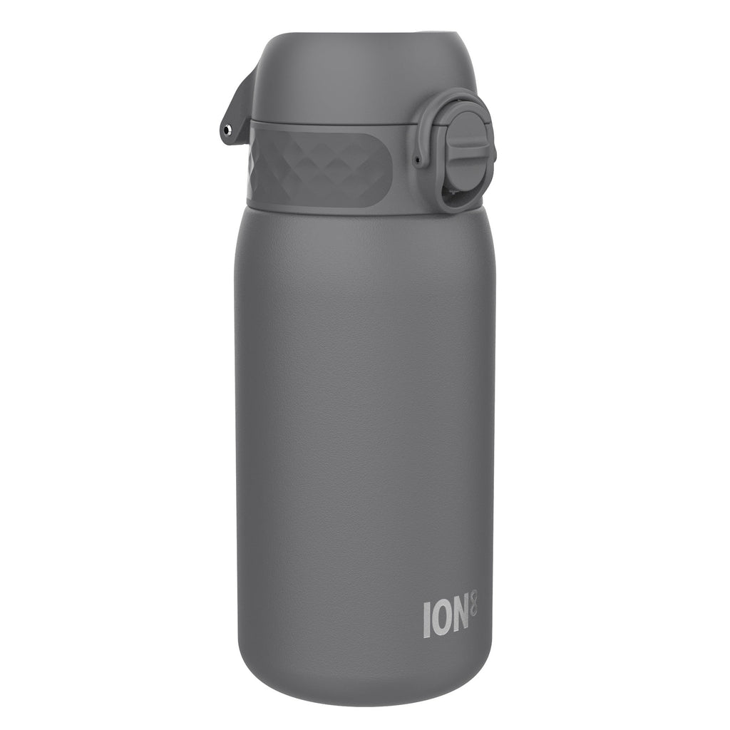 Grey stainless steel ION8 water bottle, 400ml capacity, leak-proof design, durable and sleek for daily hydration.