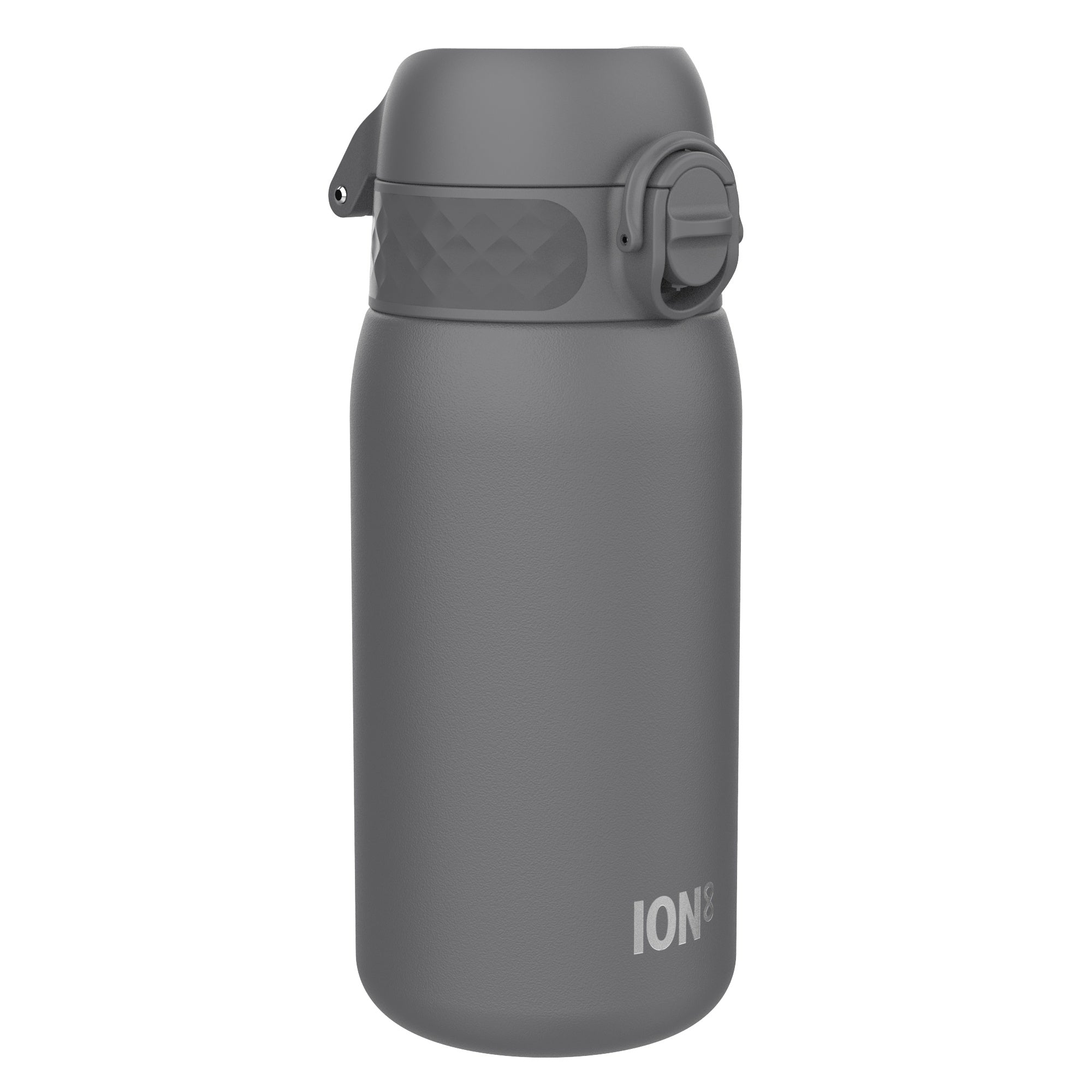ION8 stainless steel leak-proof water bottle in grey, 400ml (13oz), with a sleek, durable design and secure lid.