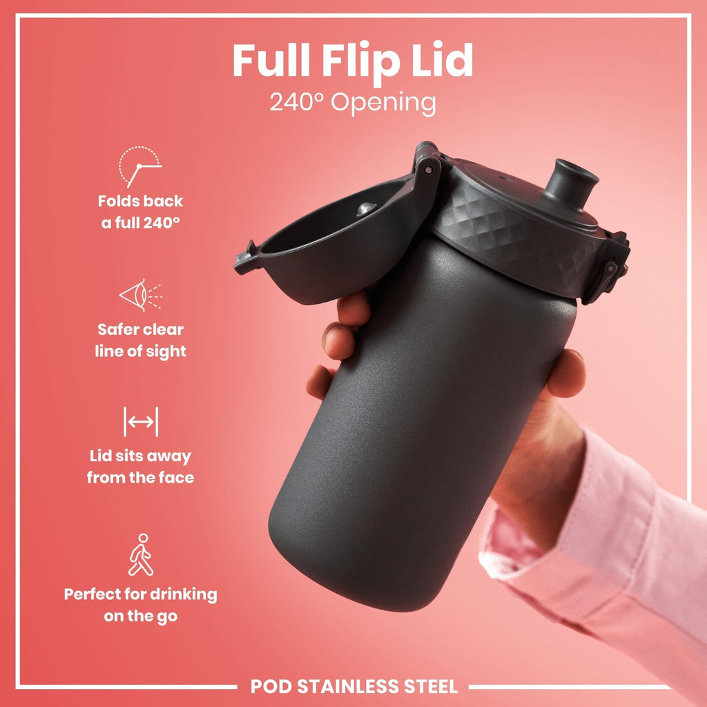 Grey ION8 stainless steel water bottle, 400ml capacity, leak-proof design, durable and stylish for everyday hydration.