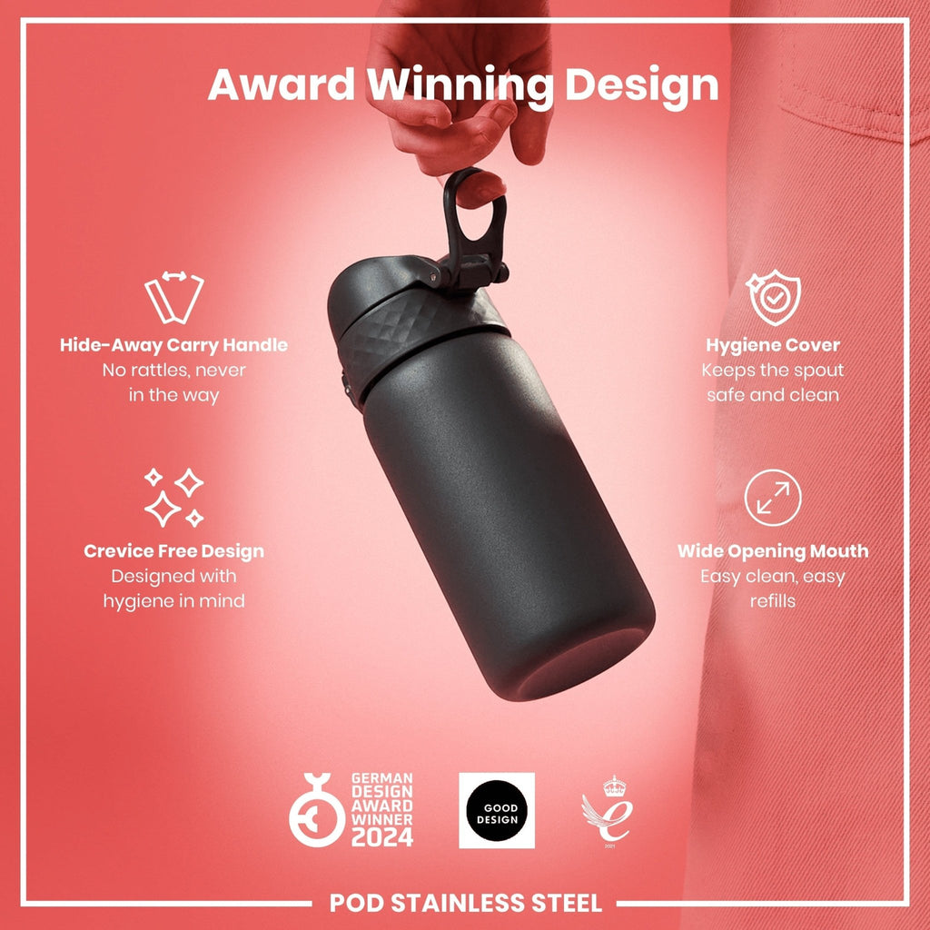 Ion8 stainless steel water bottle in grey, 400ml, leak-proof design, durable and sleek for everyday hydration.