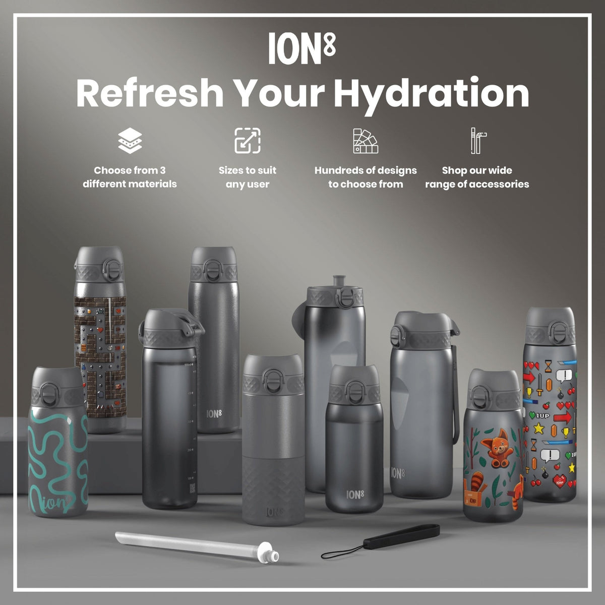 ION8 stainless steel water bottle in grey, 400ml capacity, leak-proof design, durable and stylish for everyday use