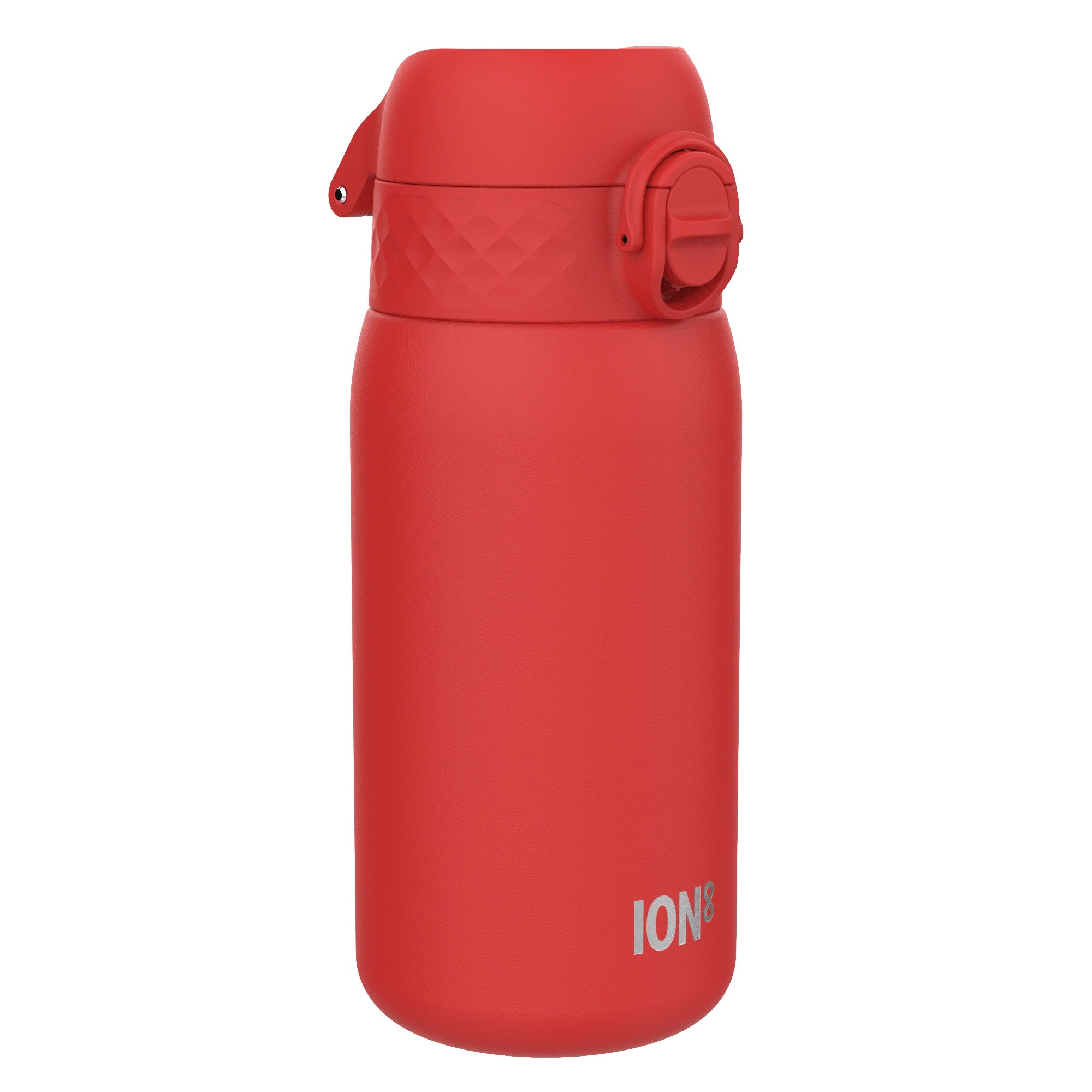 Red stainless steel leak-proof water bottle by ION8 with a 400ml (13oz) capacity, featuring a sleek, durable design.