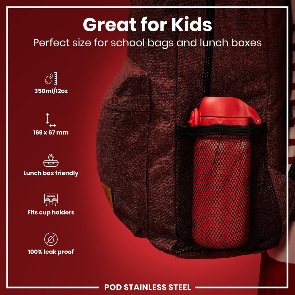 Red stainless steel water bottle by ION8, 400ml capacity, leak-proof design, durable and stylish for everyday hydration.