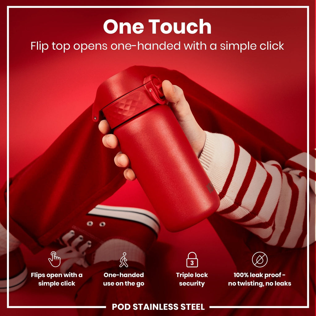 Red stainless steel ION8 water bottle, 400ml capacity, leak-proof design, durable and sleek for everyday hydration.