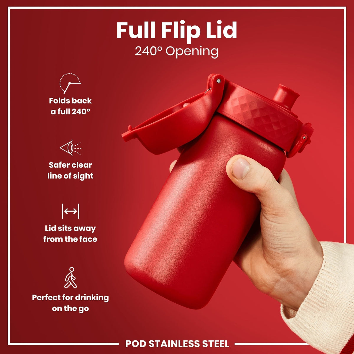 Red stainless steel ION8 water bottle with 400ml capacity, leak-proof design and durable construction.