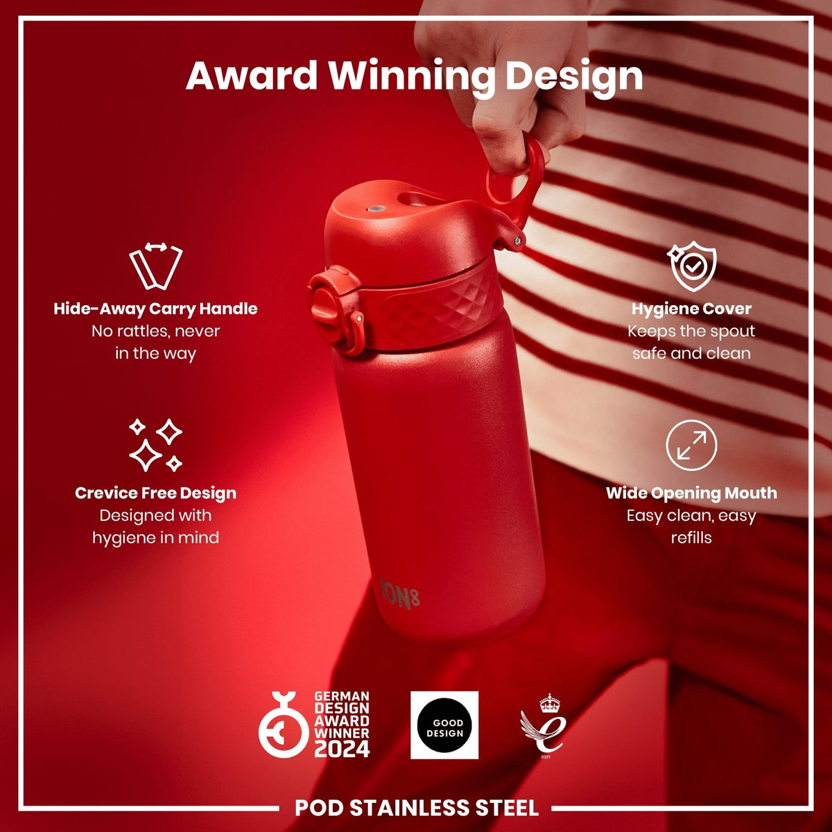 Red stainless steel water bottle by ION8, 400ml leak-proof steel bottle with a sleek design for daily hydration.