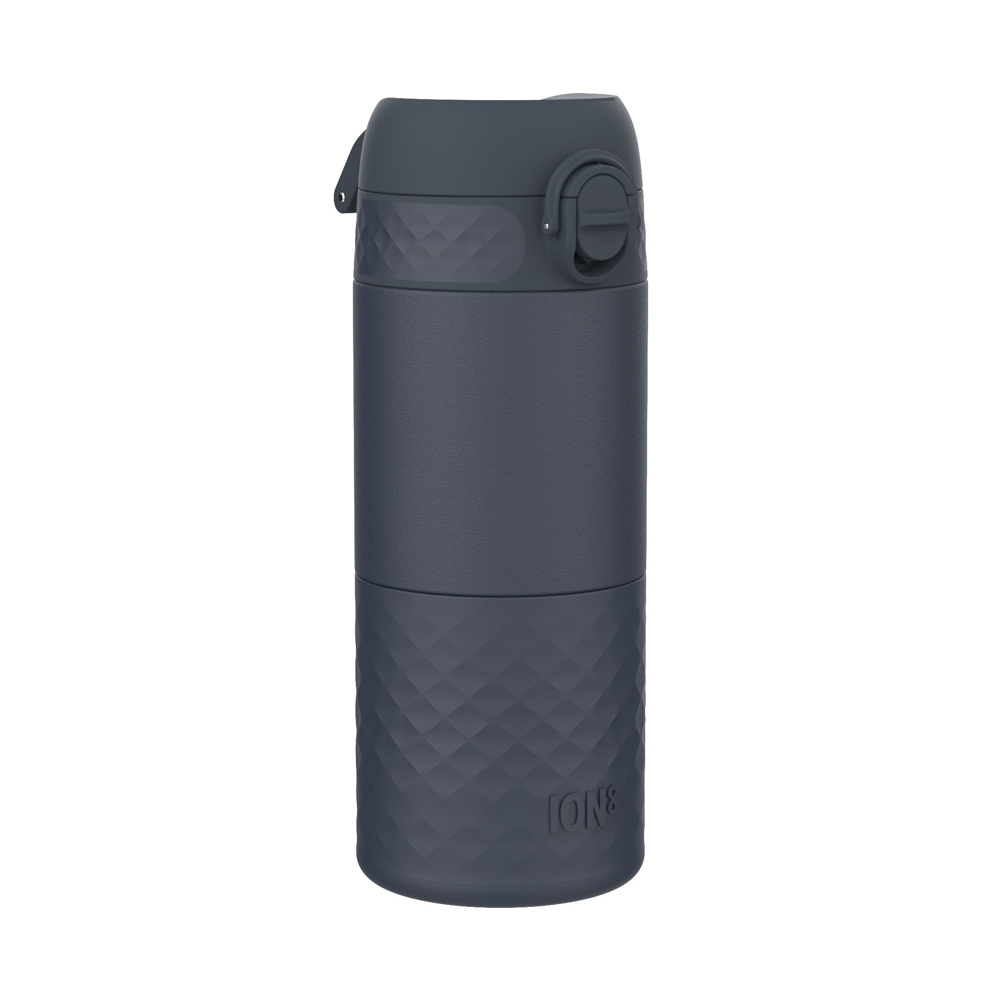 Ion8 insulated steel travel mug in ash navy, 360ml, with a sleek design and spill-proof lid for hot and cold beverages.