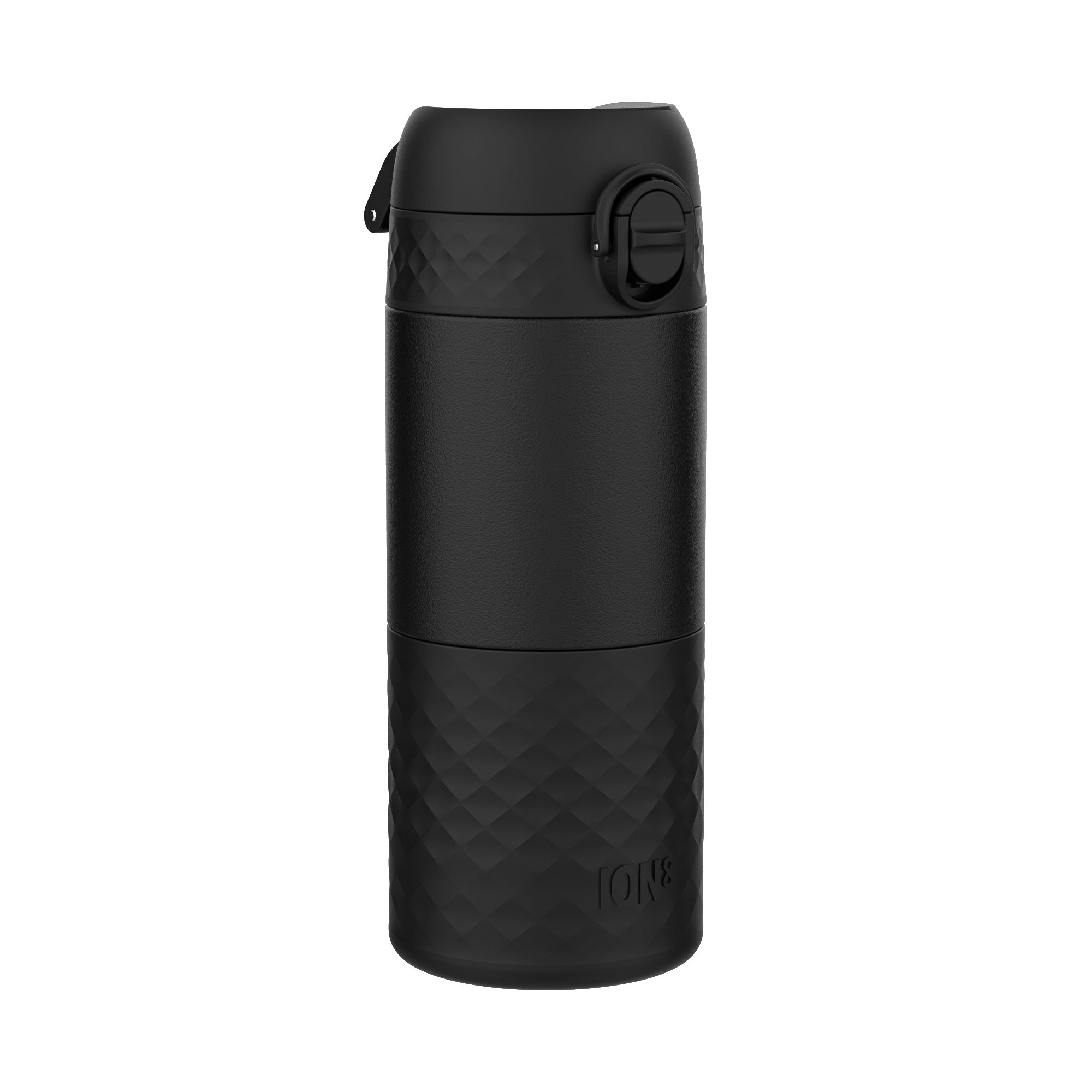 Black ION8 insulated steel travel mug with 360ml capacity, featuring a sleek design and leak-proof lid for hot or cold beverages.
