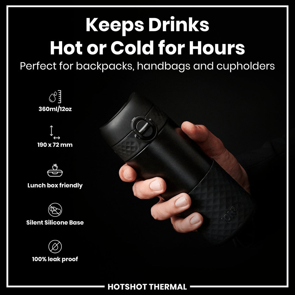 Black Ion8 insulated steel travel mug, 360ml, with a sleek design and secure lid for hot or cold beverages on the go.