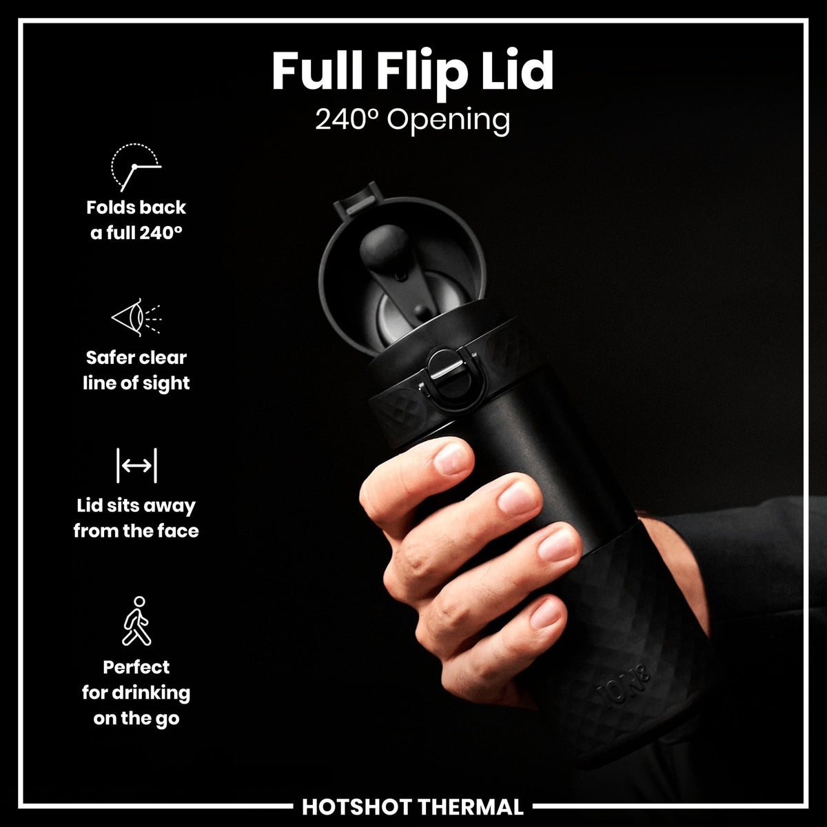 Black ION8 insulated steel travel mug with 360ml capacity, featuring a sleek design and secure lid for on-the-go beverages.