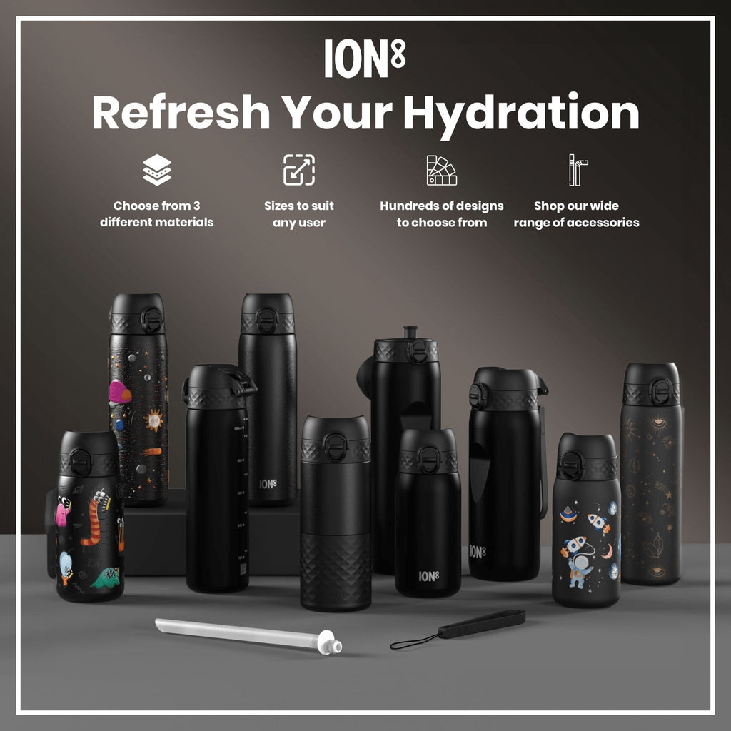 Black insulated steel travel mug by ION8, 360ml capacity, featuring a spill-proof lid and sleek design for hot and cold beverages.