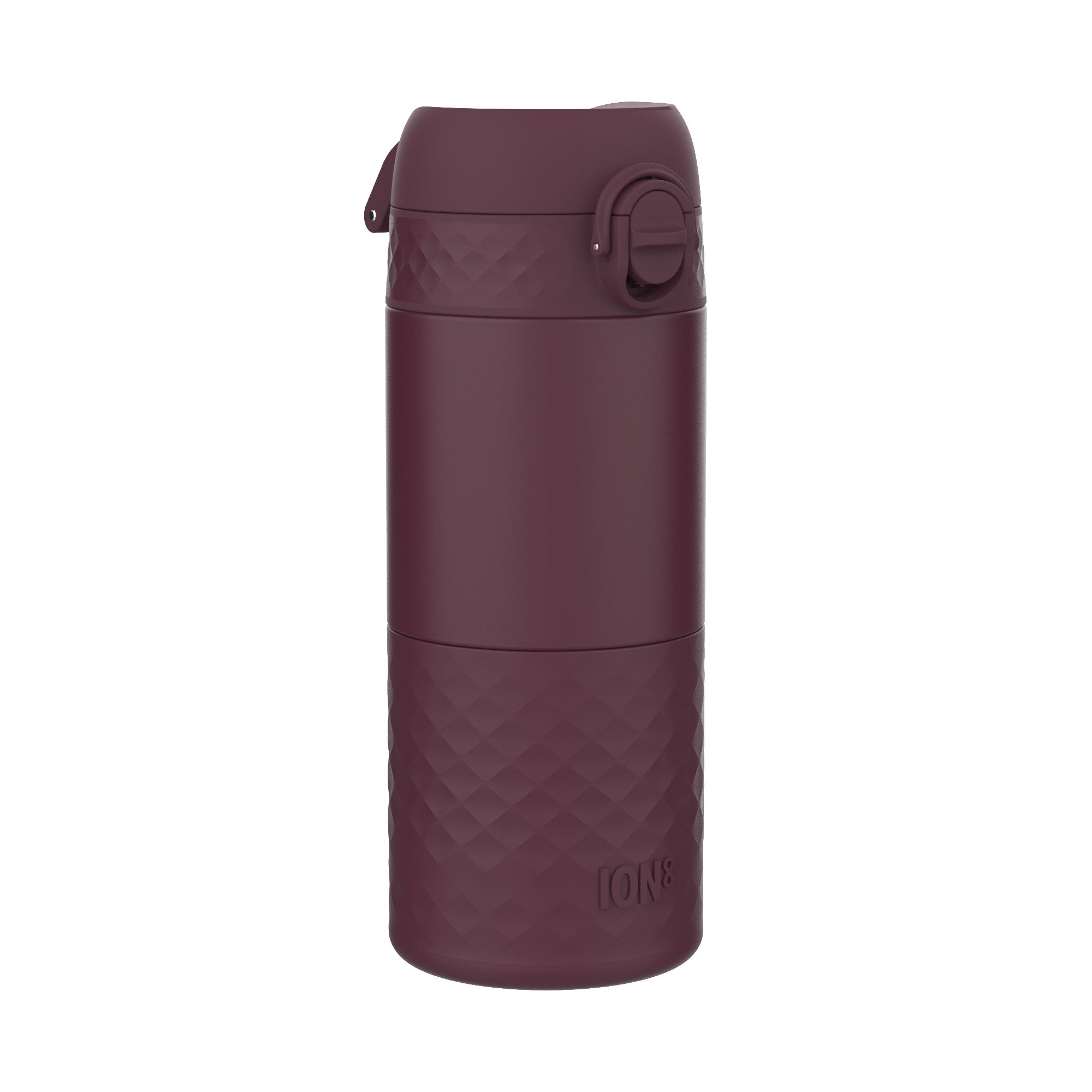 ION8 insulated steel travel mug in blackberry color, 360ml capacity, with a spill-proof lid and sleek design.