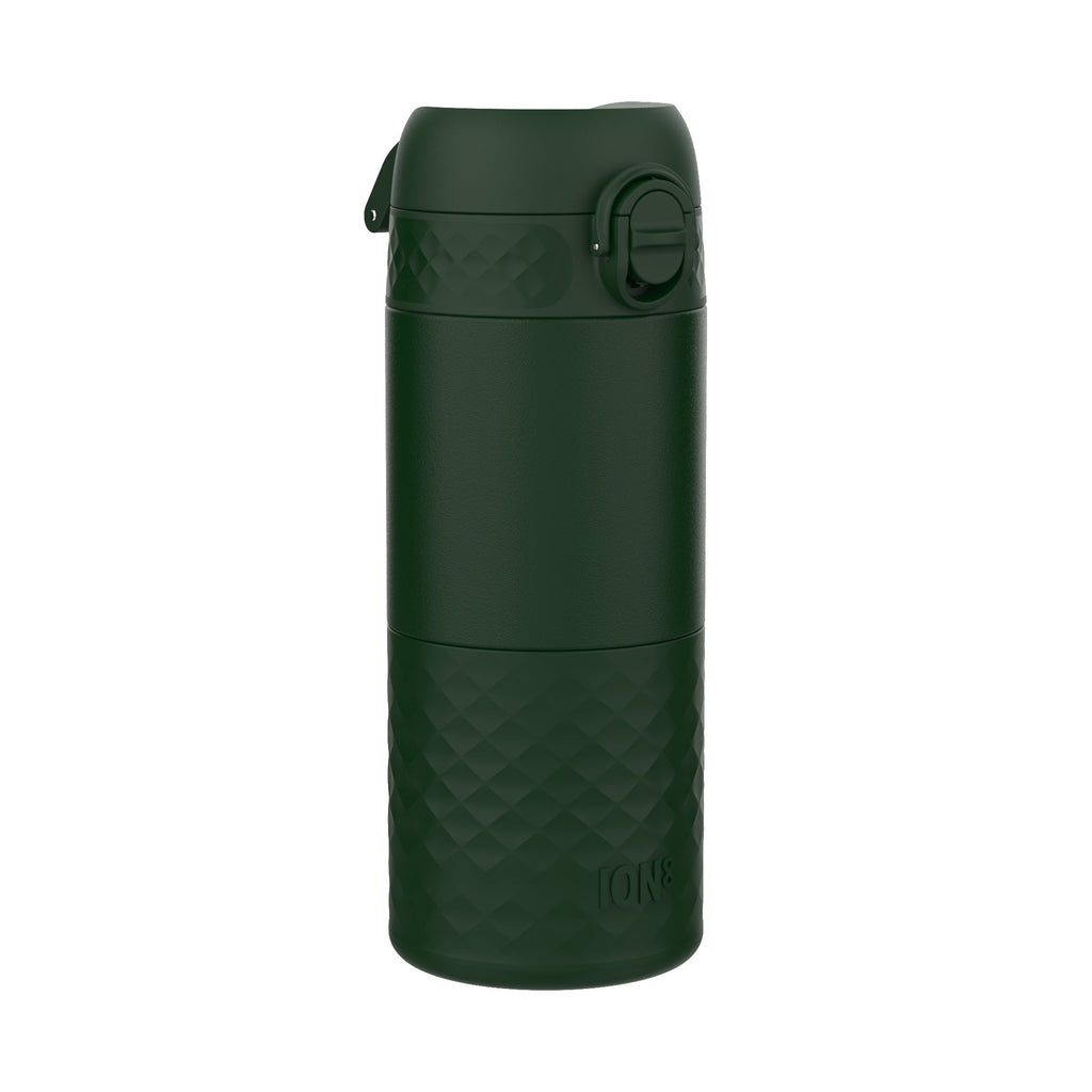 Dark green ION8 insulated steel travel mug with 360ml capacity, featuring a spill-proof lid and sleek design.