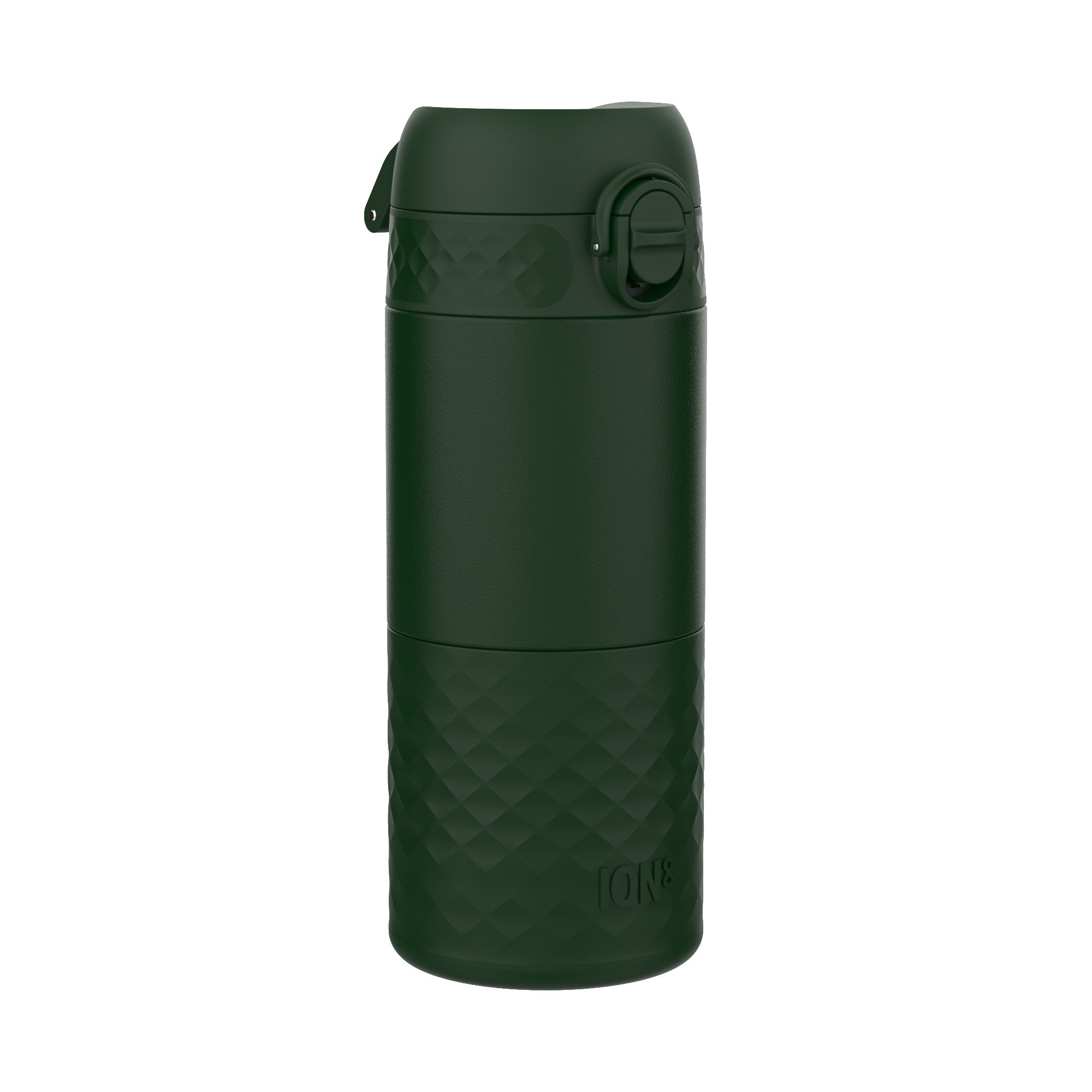 Dark green ION8 insulated steel travel mug with 360ml capacity, featuring a spill-proof lid and sleek design.