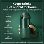 Dark green ION8 insulated steel travel mug with 360ml capacity, featuring a sleek design and spill-proof lid for on-the-go use.