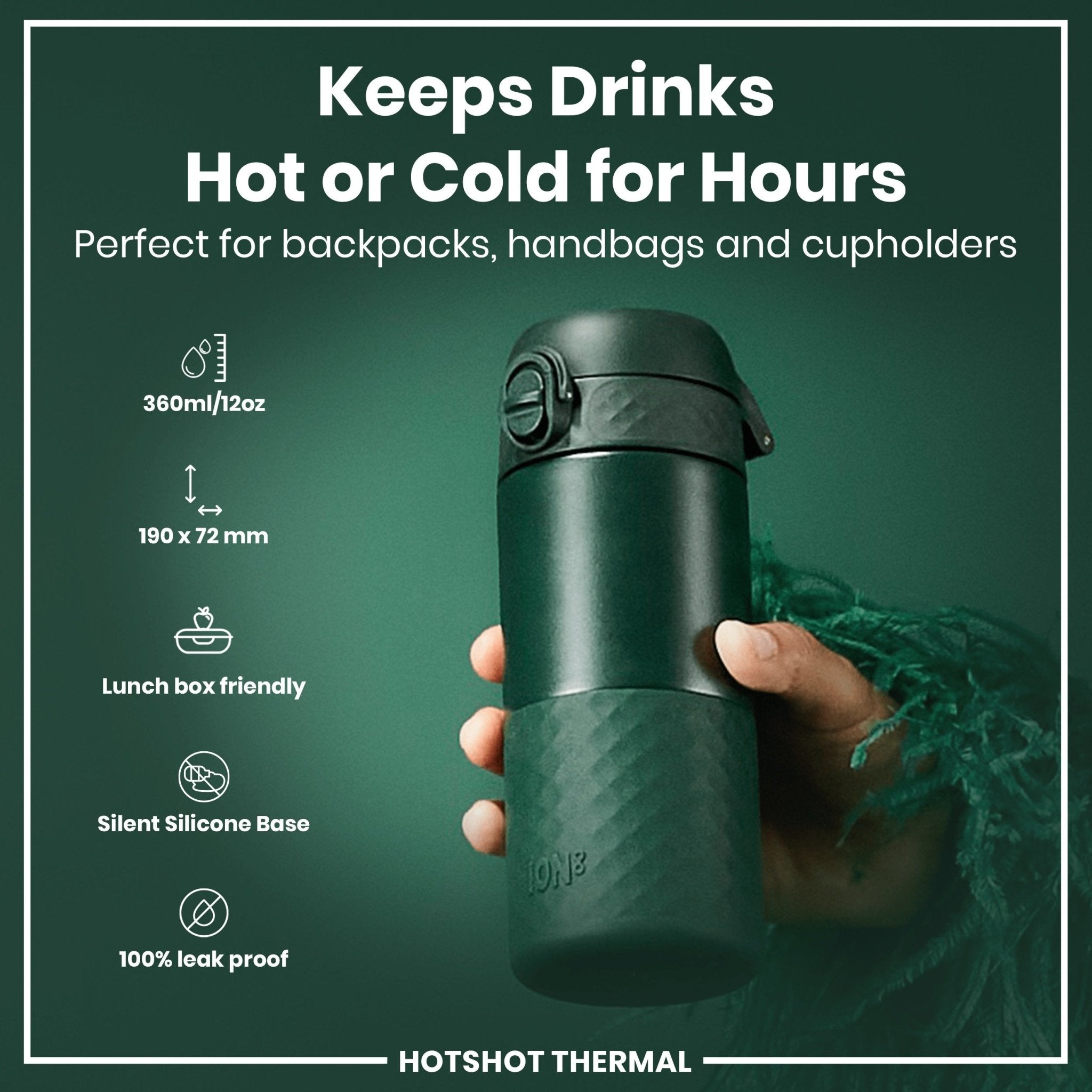 Dark green ION8 insulated steel travel mug with 360ml capacity, featuring a sleek design and spill-proof lid for on-the-go use.