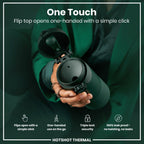 Dark green ION8 insulated steel travel mug with 360ml capacity, featuring a sleek design and spill-proof lid.