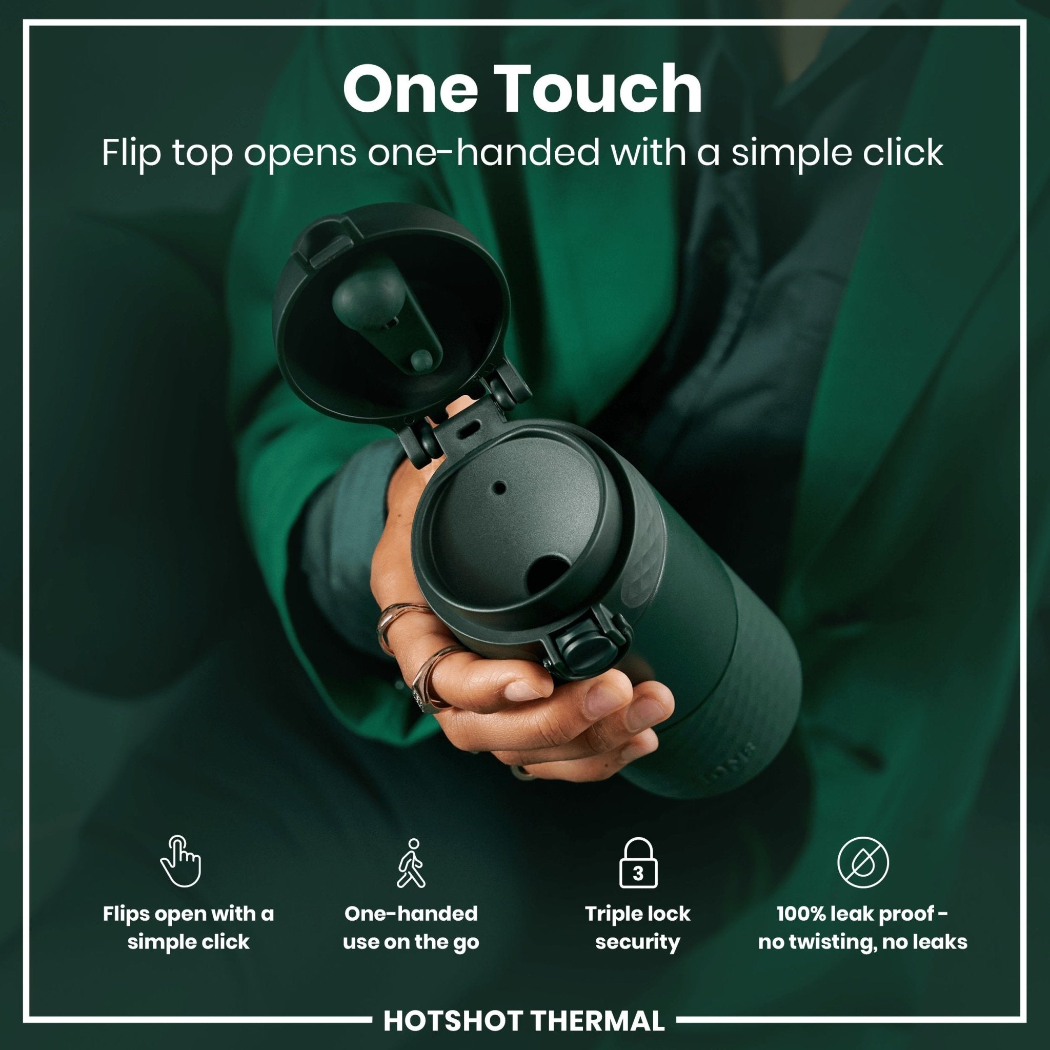 Dark green ION8 insulated steel travel mug with 360ml capacity, featuring a sleek design and spill-proof lid.