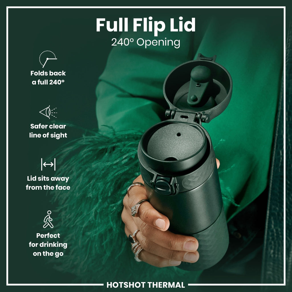 Dark green ION8 insulated steel travel mug with 360ml capacity, featuring a sleek design and spill-proof lid.