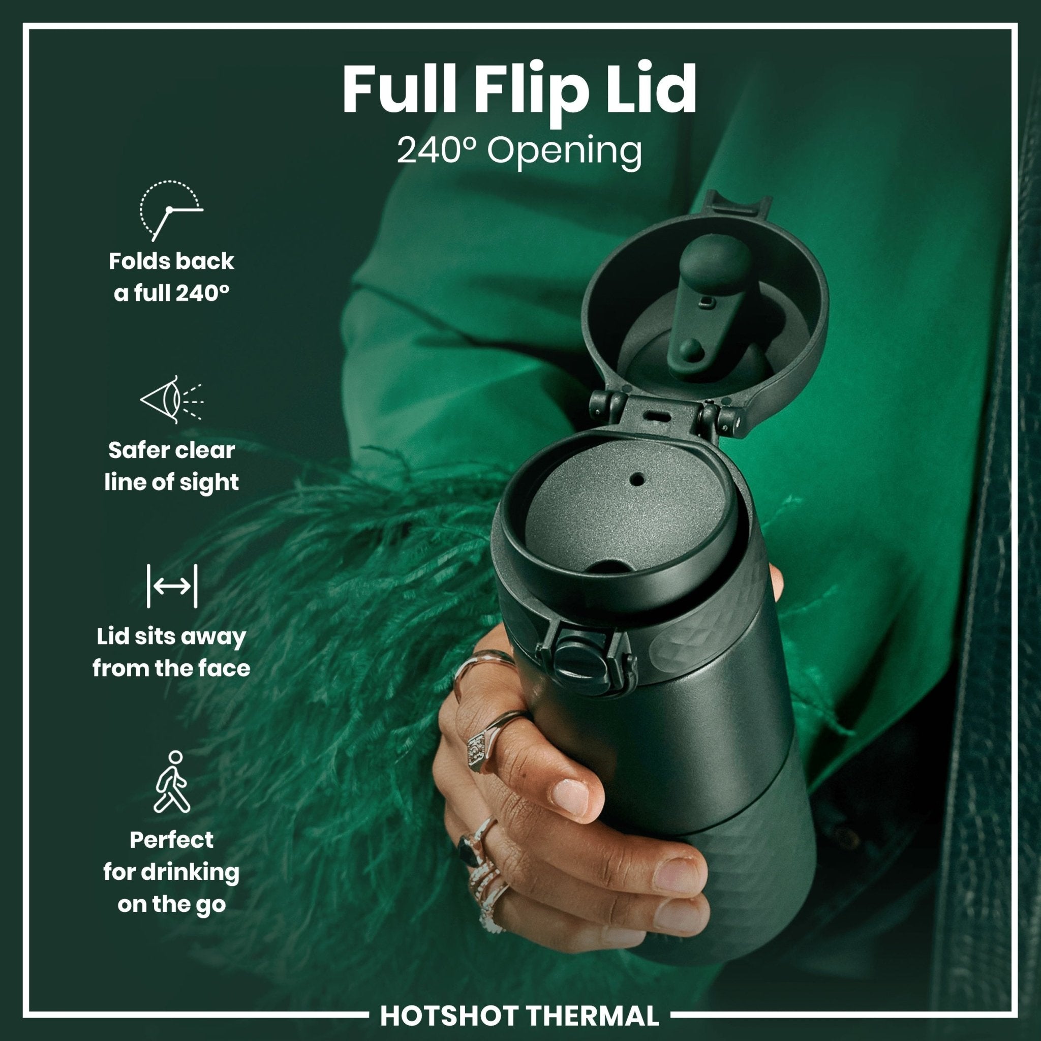 Dark green ION8 insulated steel travel mug with 360ml capacity, featuring a sleek design and spill-proof lid.