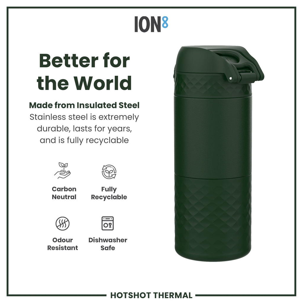 Dark green ION8 insulated steel travel mug with 360ml capacity, featuring a durable design and secure lid for on-the-go drinking.