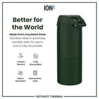 Dark green ION8 insulated steel travel mug with 360ml capacity, featuring a durable design and secure lid for on-the-go drinking.