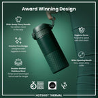 Dark green ION8 insulated steel travel mug with 360ml capacity, featuring a secure lid and sleek design for on-the-go use.