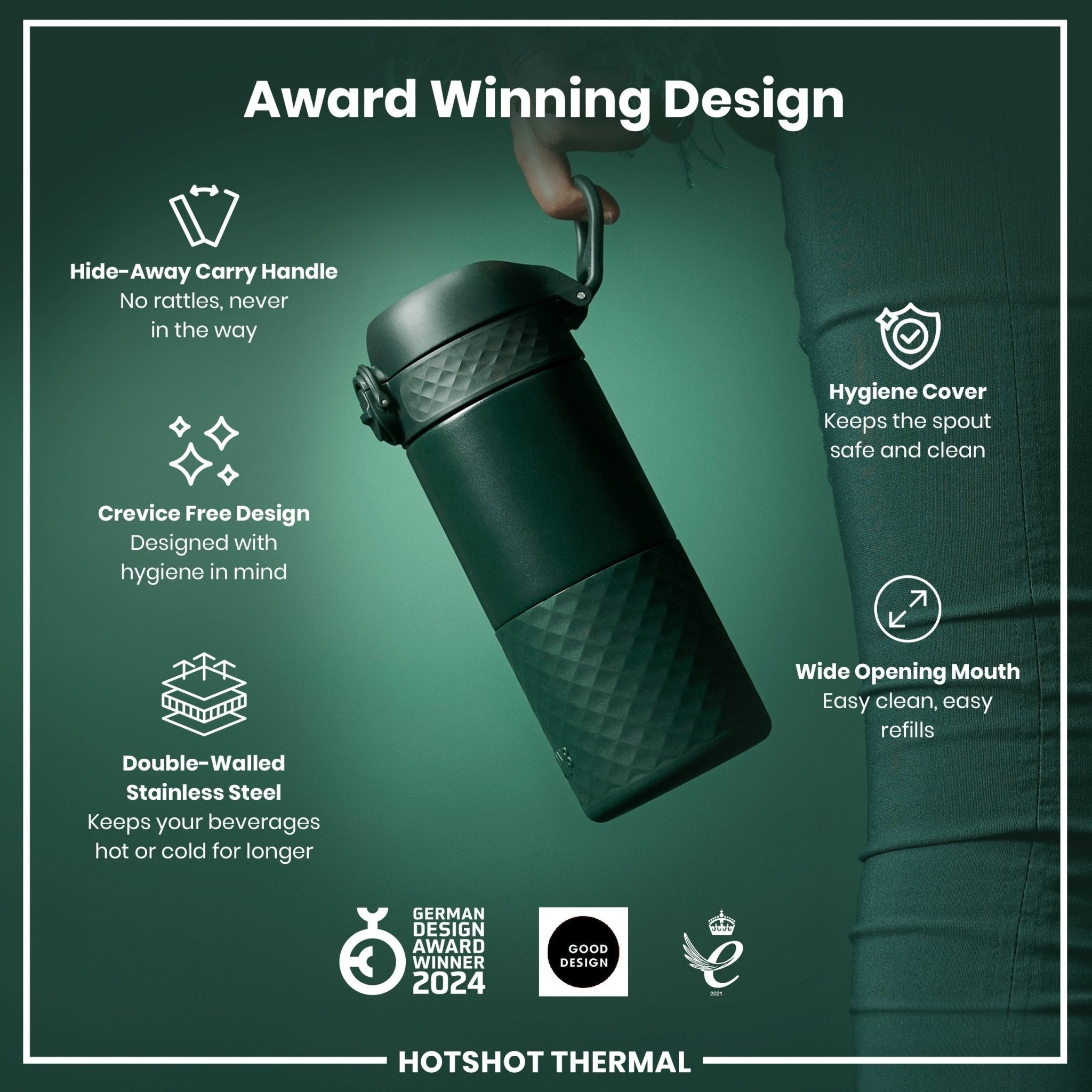 Dark green ION8 insulated steel travel mug with 360ml capacity, featuring a secure lid and sleek design for on-the-go use.