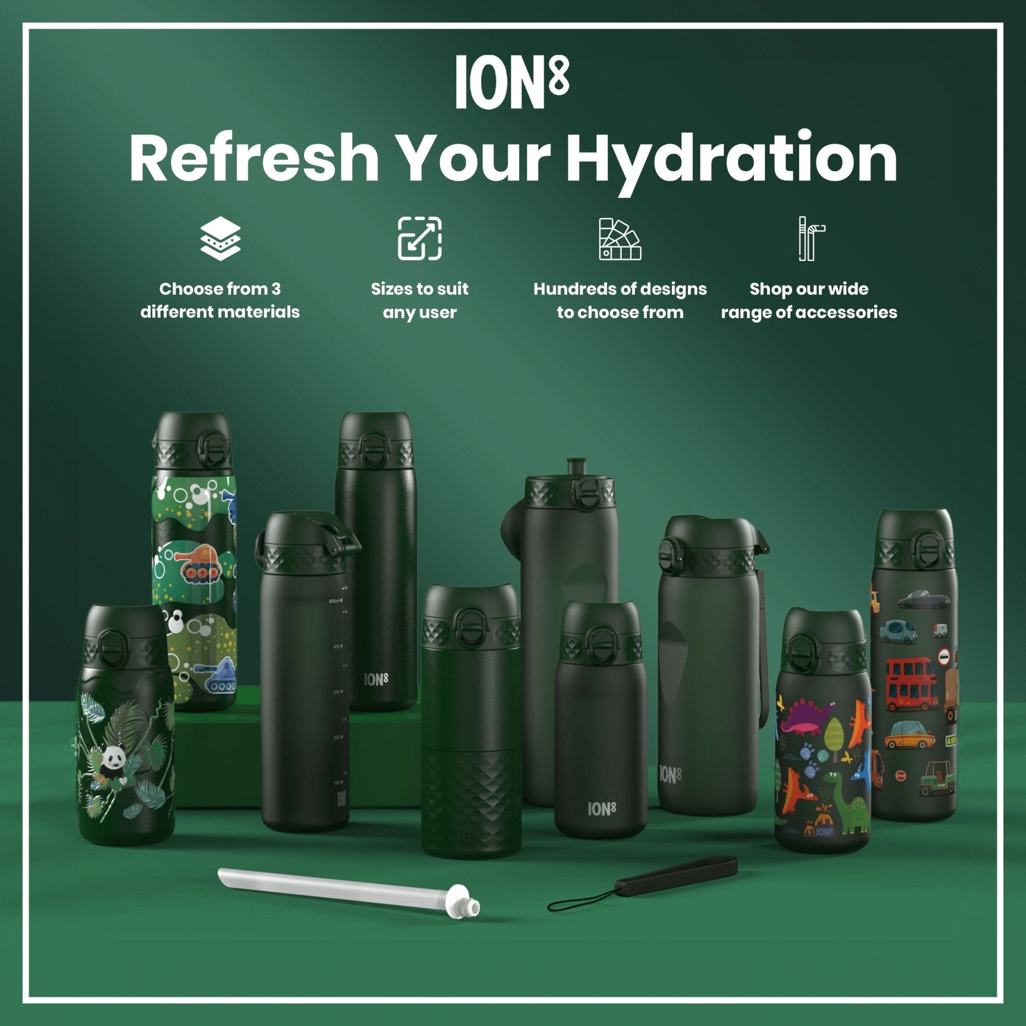 Dark green ION8 insulated steel travel mug with 360ml capacity, featuring a sleek design and secure lid for on-the-go use.