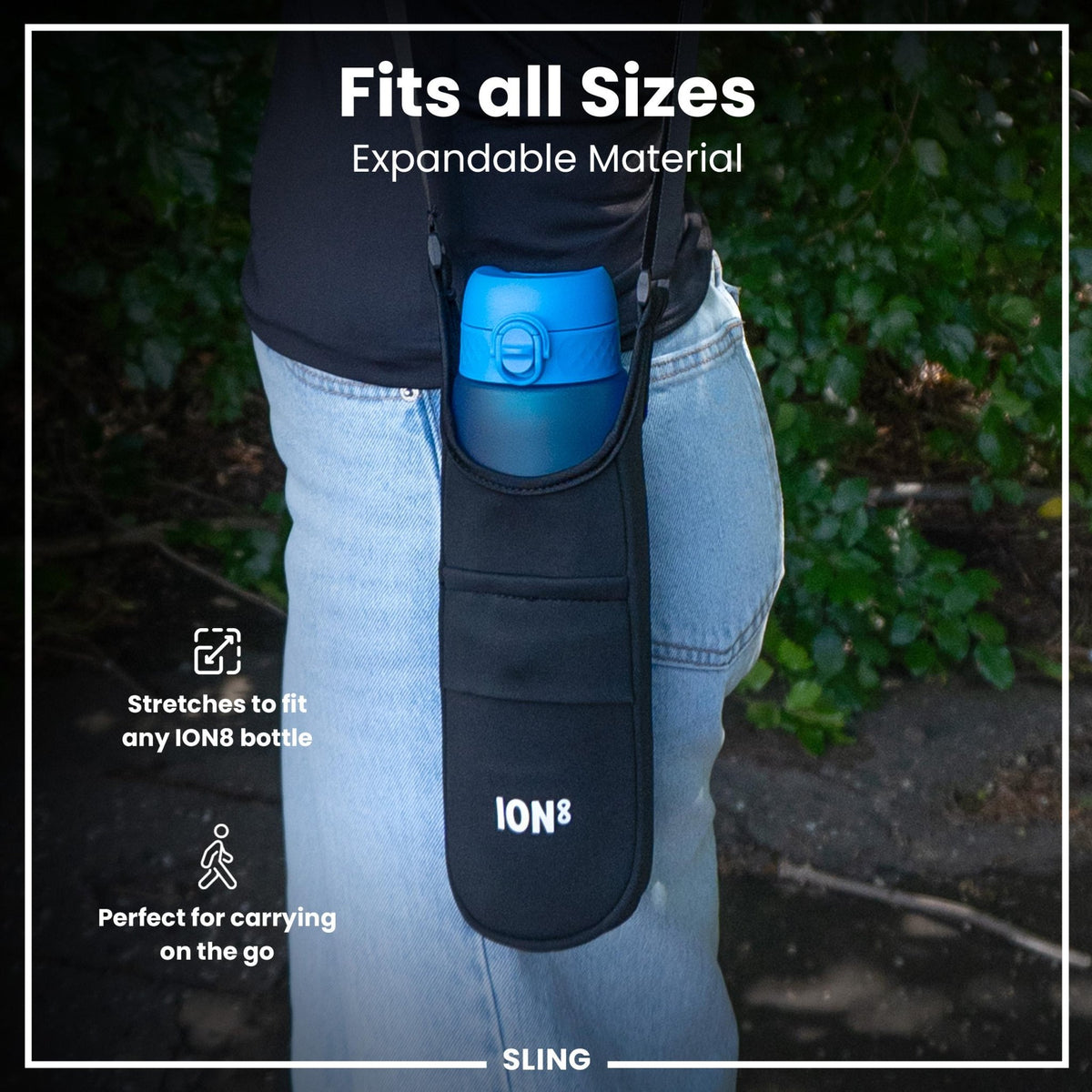 Black ION8 lightweight sling bottle bag from Xtras & Add-Ons, designed for convenient carrying and hydration on the go.