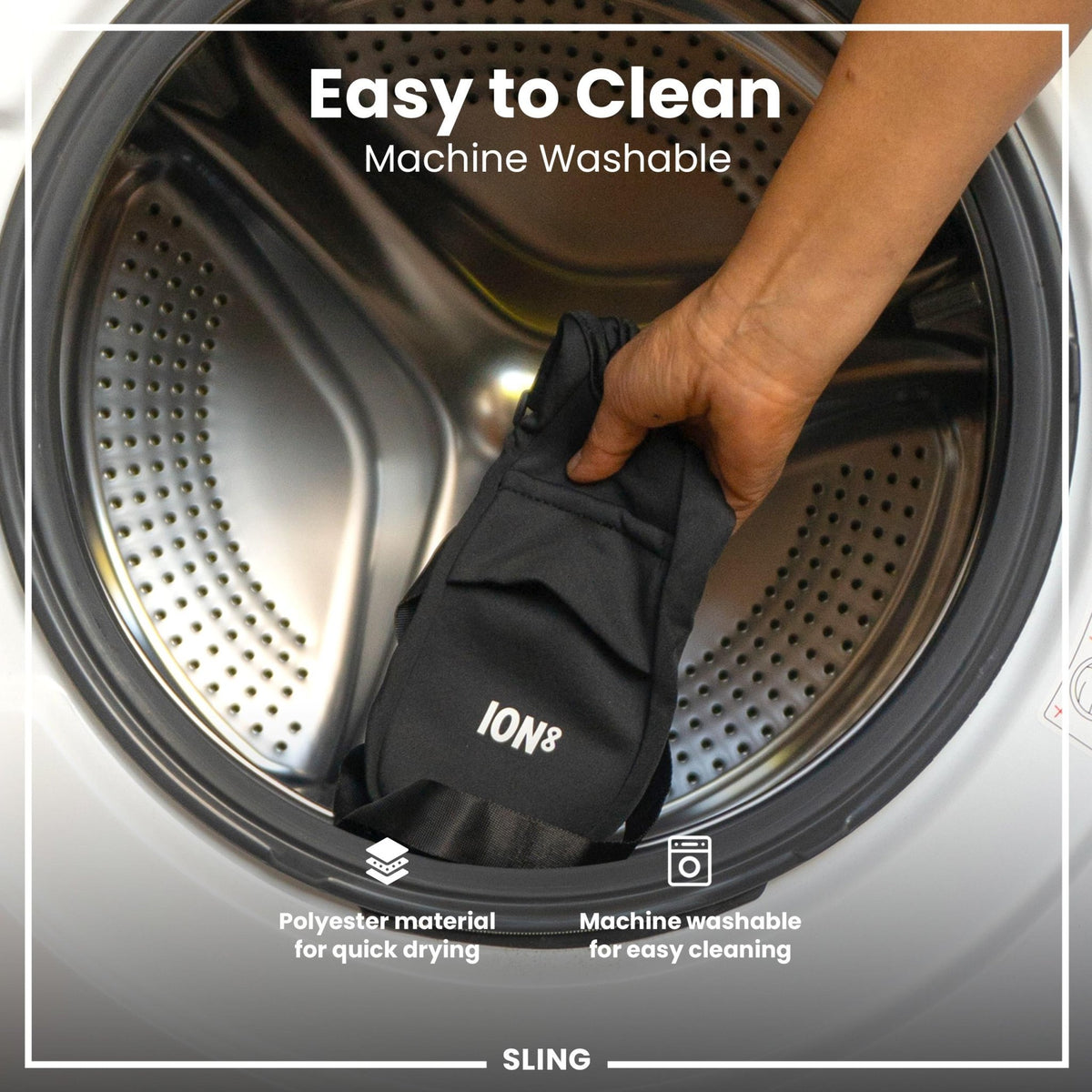 Black ION8 lightweight sling bottle bag designed for easy carrying and convenient hydration on the go.