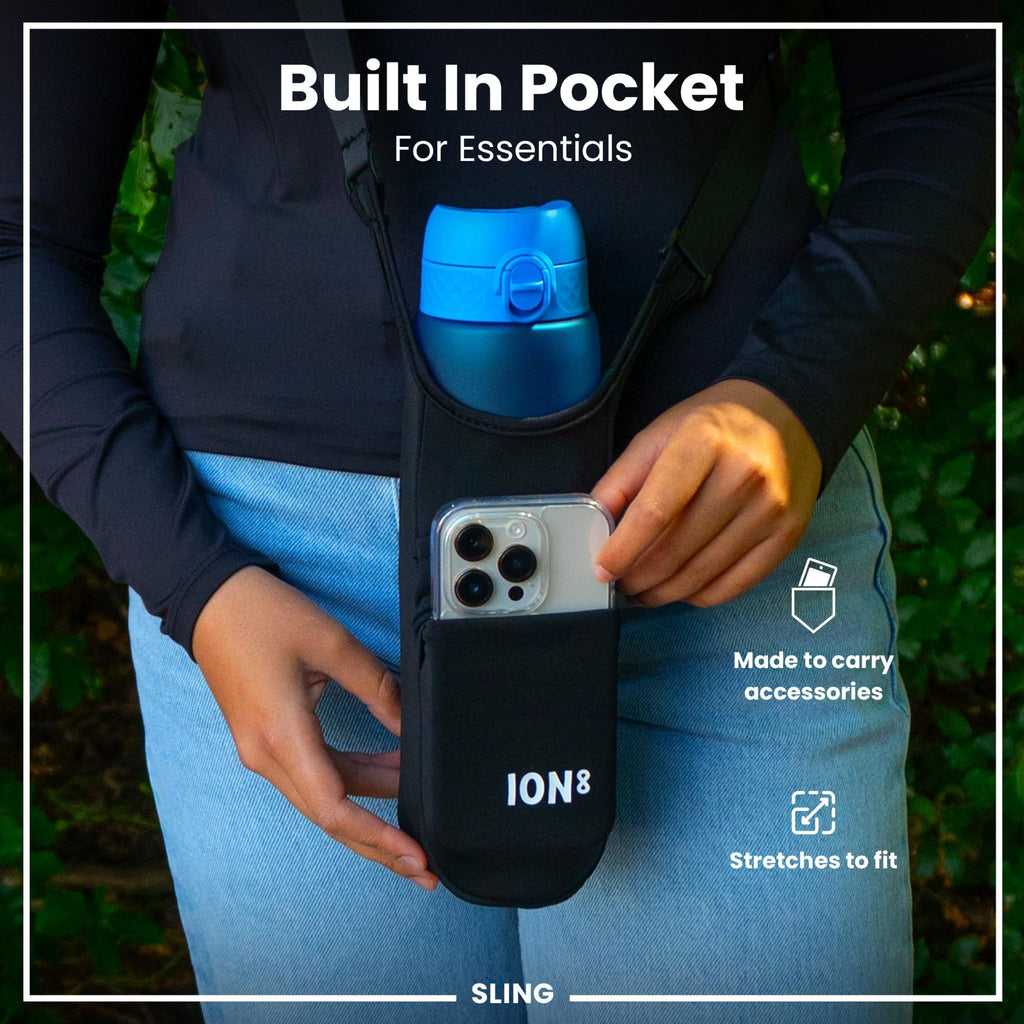 Black ION8 lightweight sling bottle bag from Xtras & Add-Ons collection, designed for easy carrying and hydration.