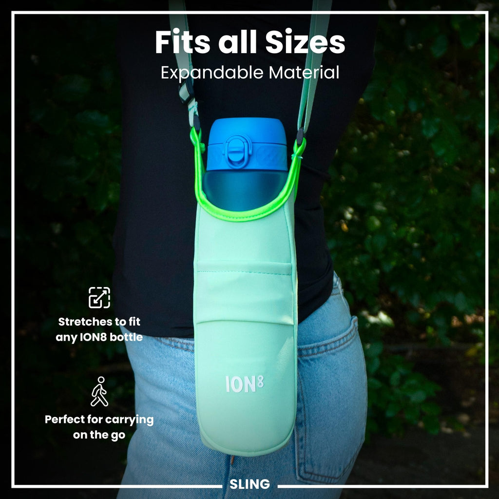 Green lightweight sling bottle bag from ION8, designed for convenient carrying of bottles and essentials.