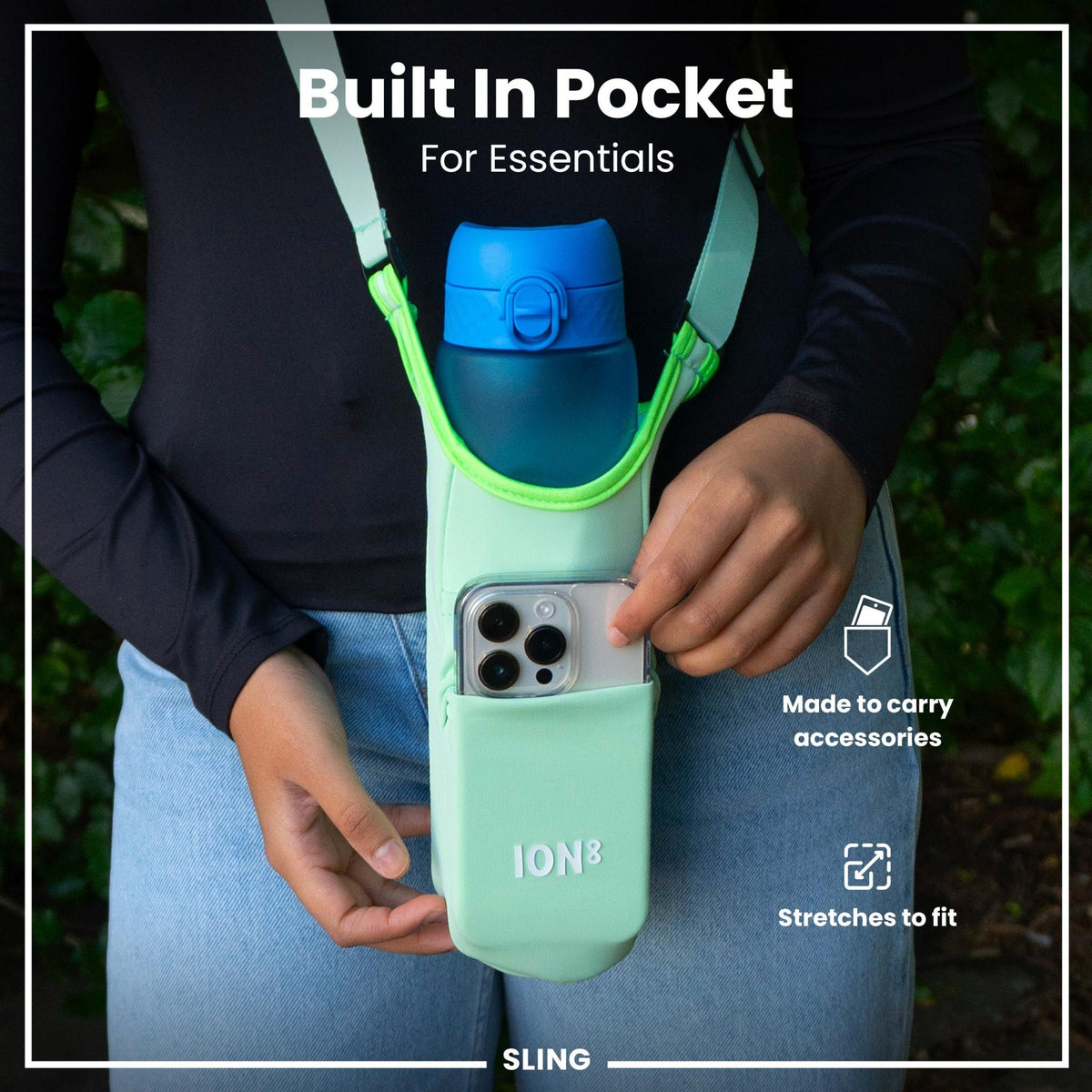 Green lightweight sling bottle bag by ION8 from Xtras & Add-Ons collection, designed for easy carrying and hydration.