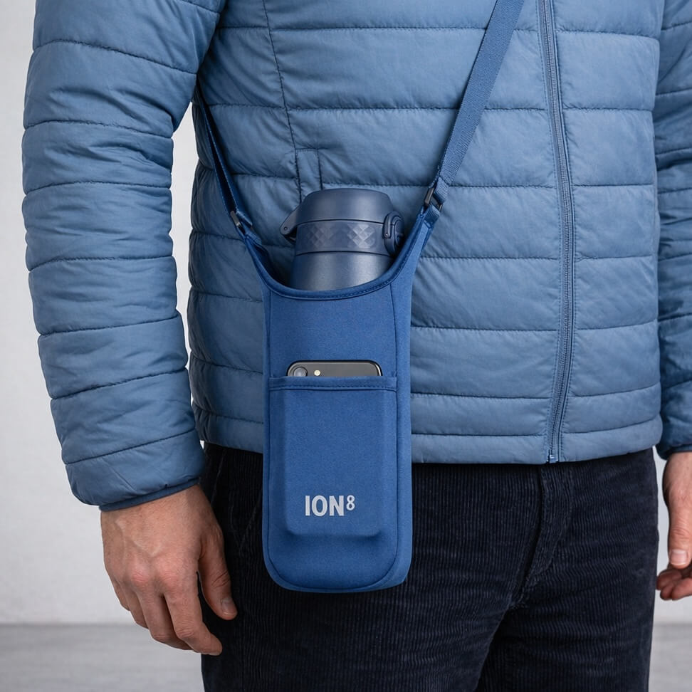 Navy lightweight sling bottle bag from ION8, designed for carrying water bottles and essentials comfortably.