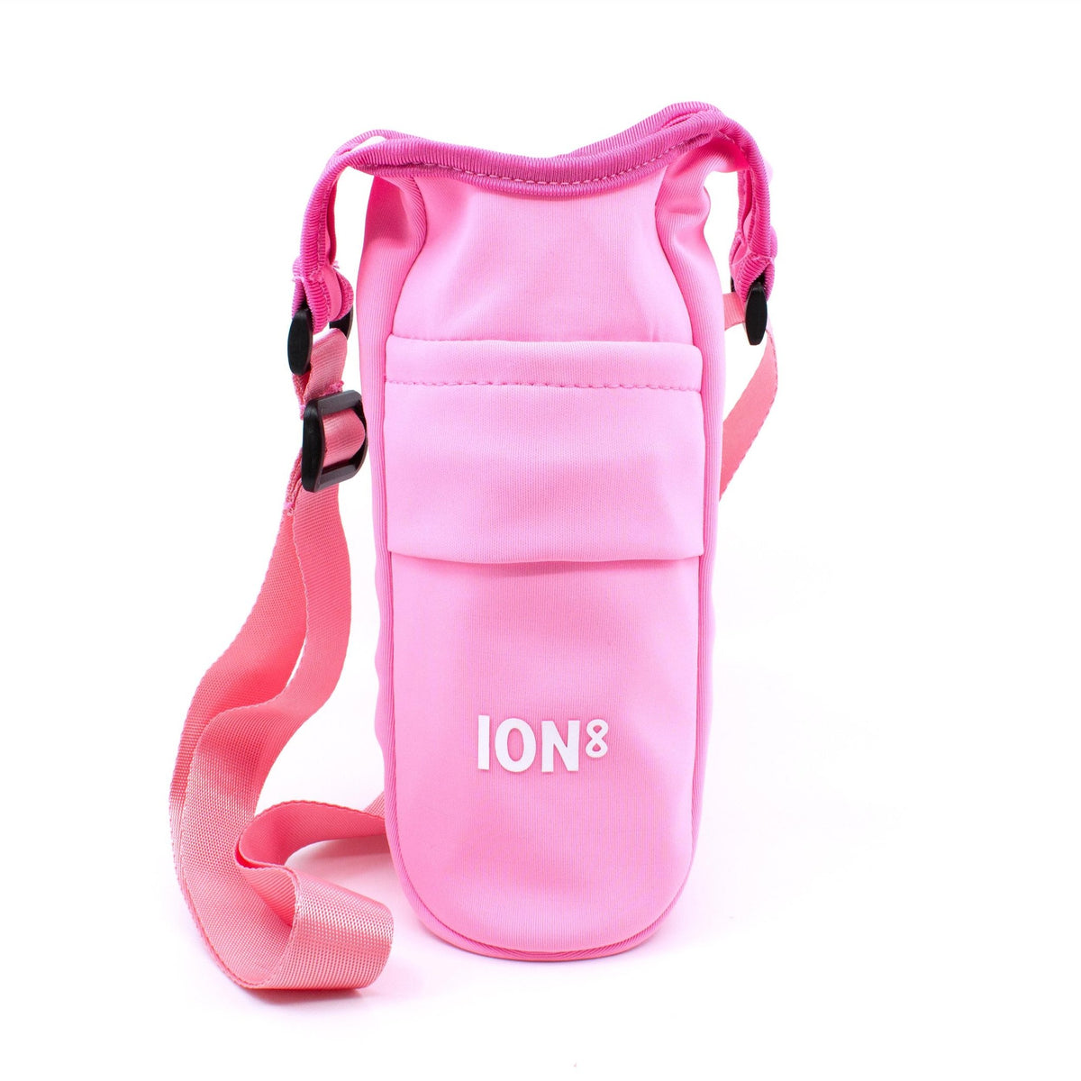 Pink lightweight sling bottle bag by ION8, designed for convenient carrying of beverages with a compact, stylish appearance.
