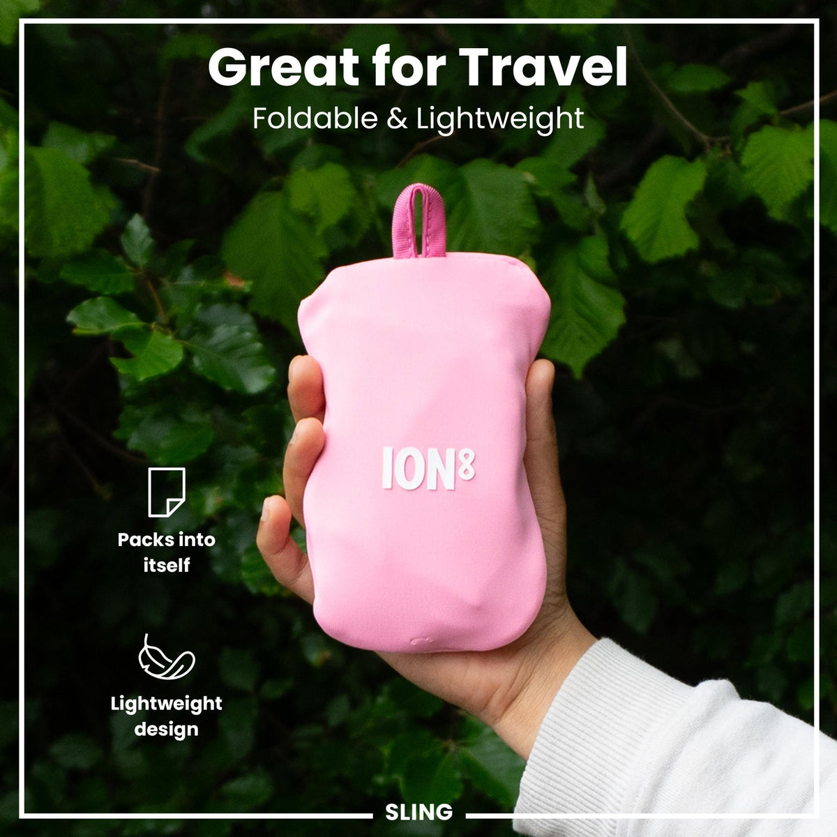 Pink ION8 lightweight sling bottle bag from Xtras & Add-Ons collection, designed for easy carrying of bottles.