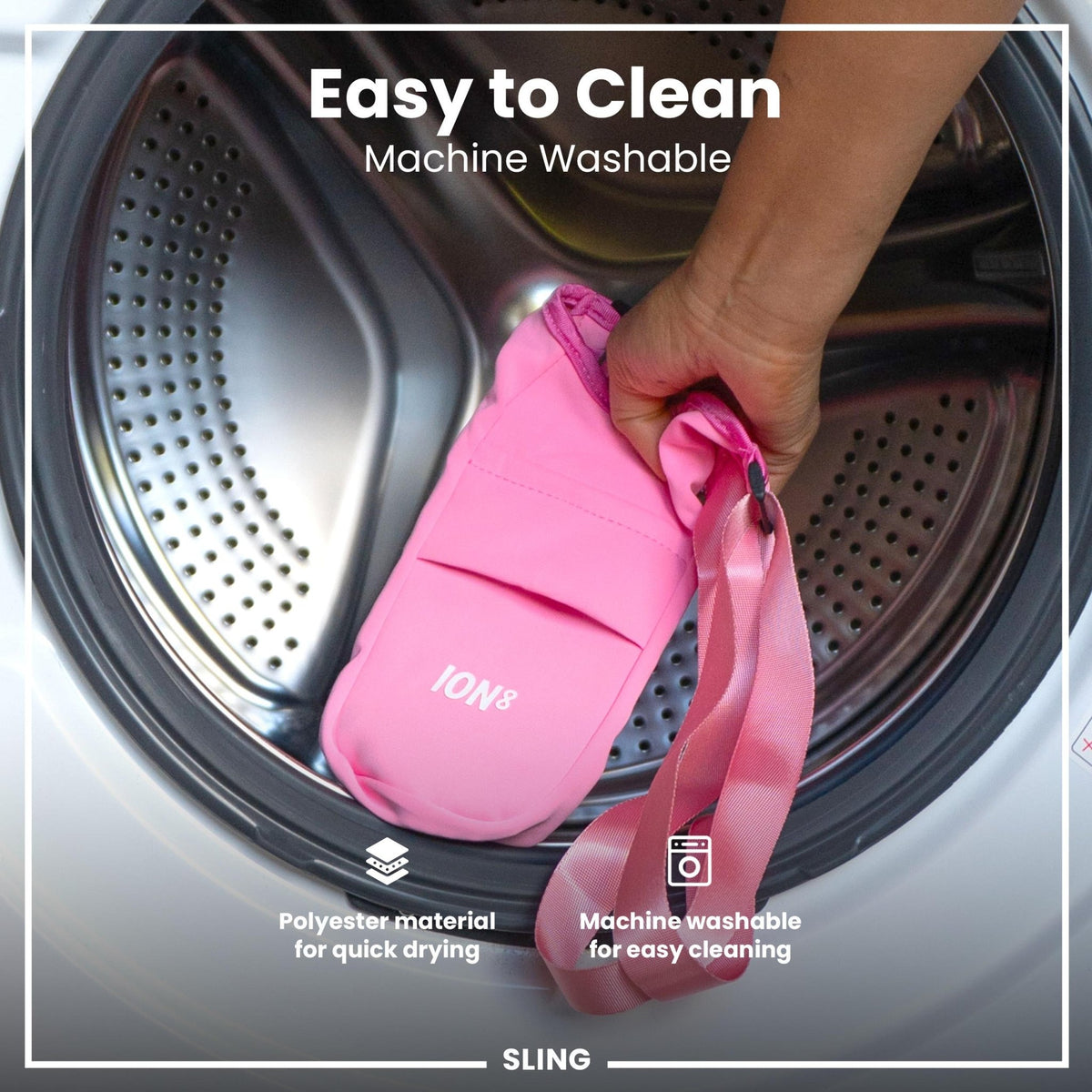 Pink lightweight sling bottle bag from ION8, compact and portable for carrying beverages easily.