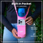 Pink lightweight sling bottle bag from ION8, designed for easy carrying of beverages and accessories.