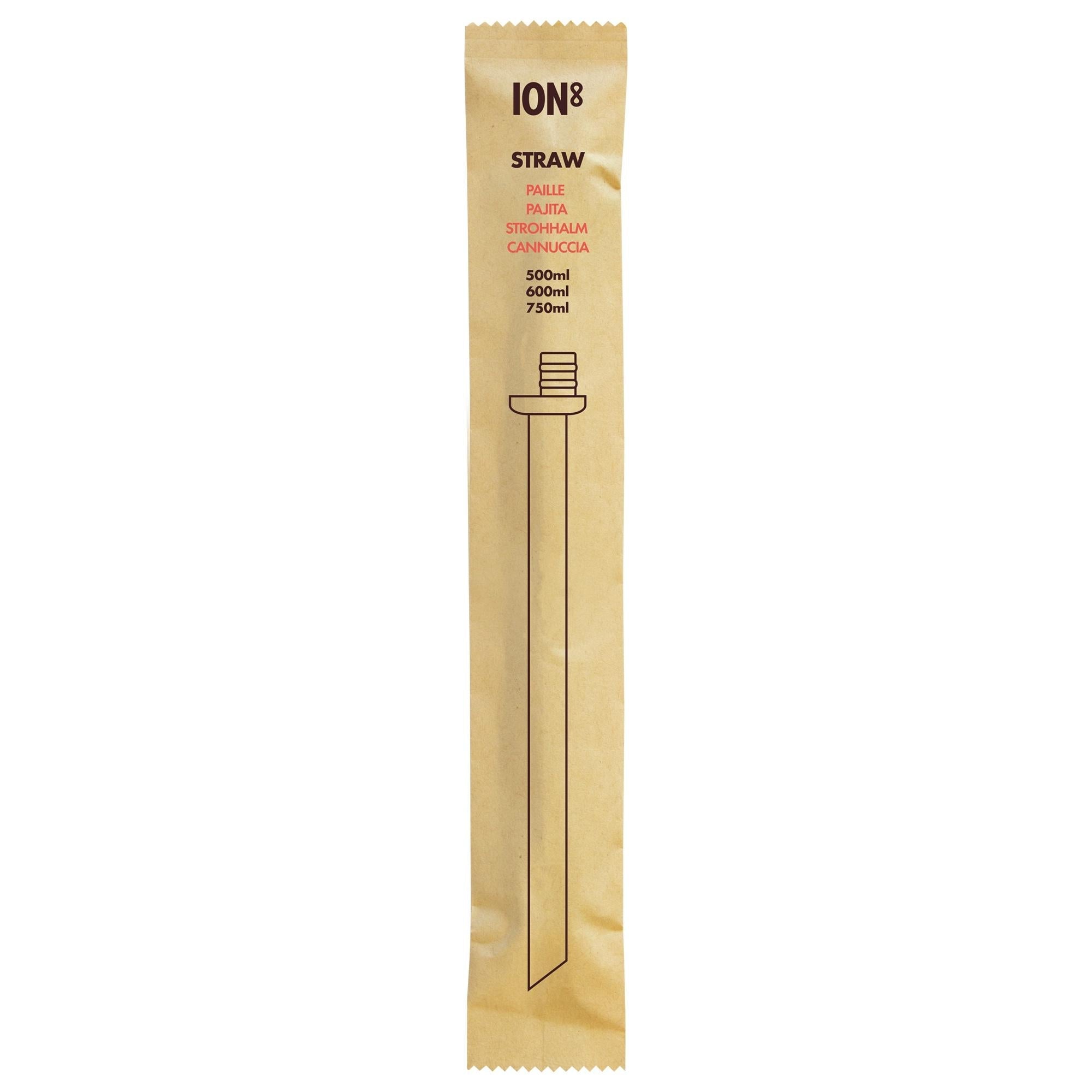 ION8 medium/large straw for 500ml-750ml bottles, add-on straw compatible with ION8 water bottles, in packaging.