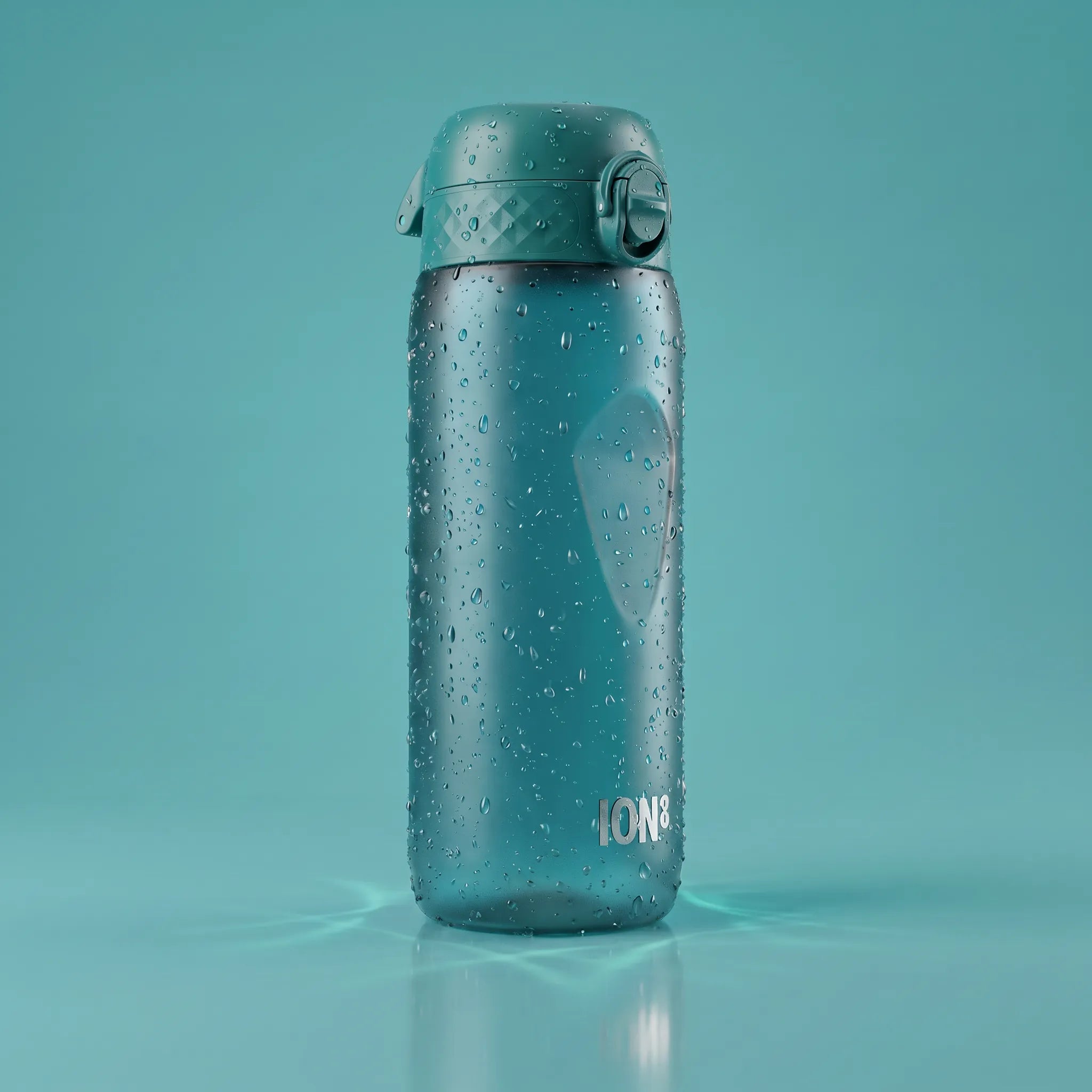 A translucent teal water bottle with water droplets on its surface, standing upright on a matching teal reflective surface against a solid teal background. The brand name 'ION' is printed near the bottom.