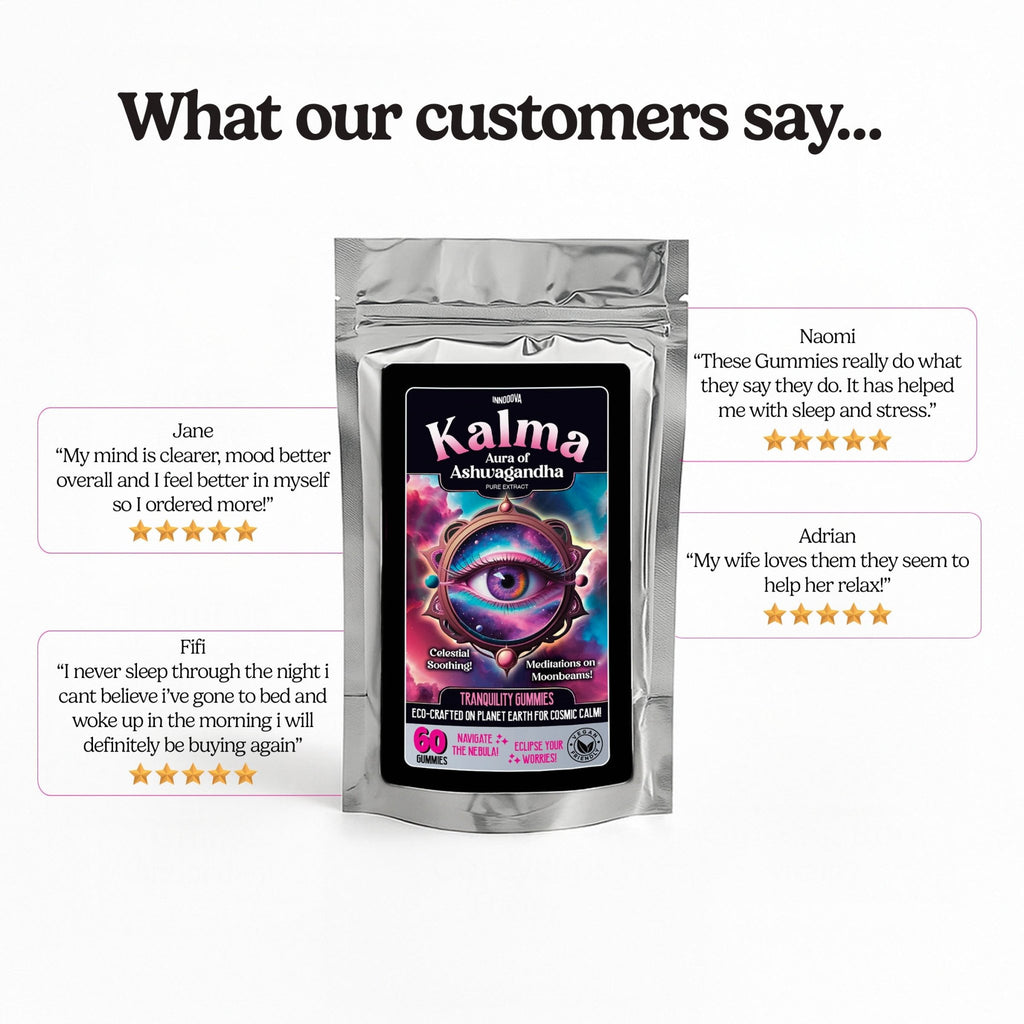 Innooova Kalma Trial Pack with product reviews and user feedback displayed on the packaging.