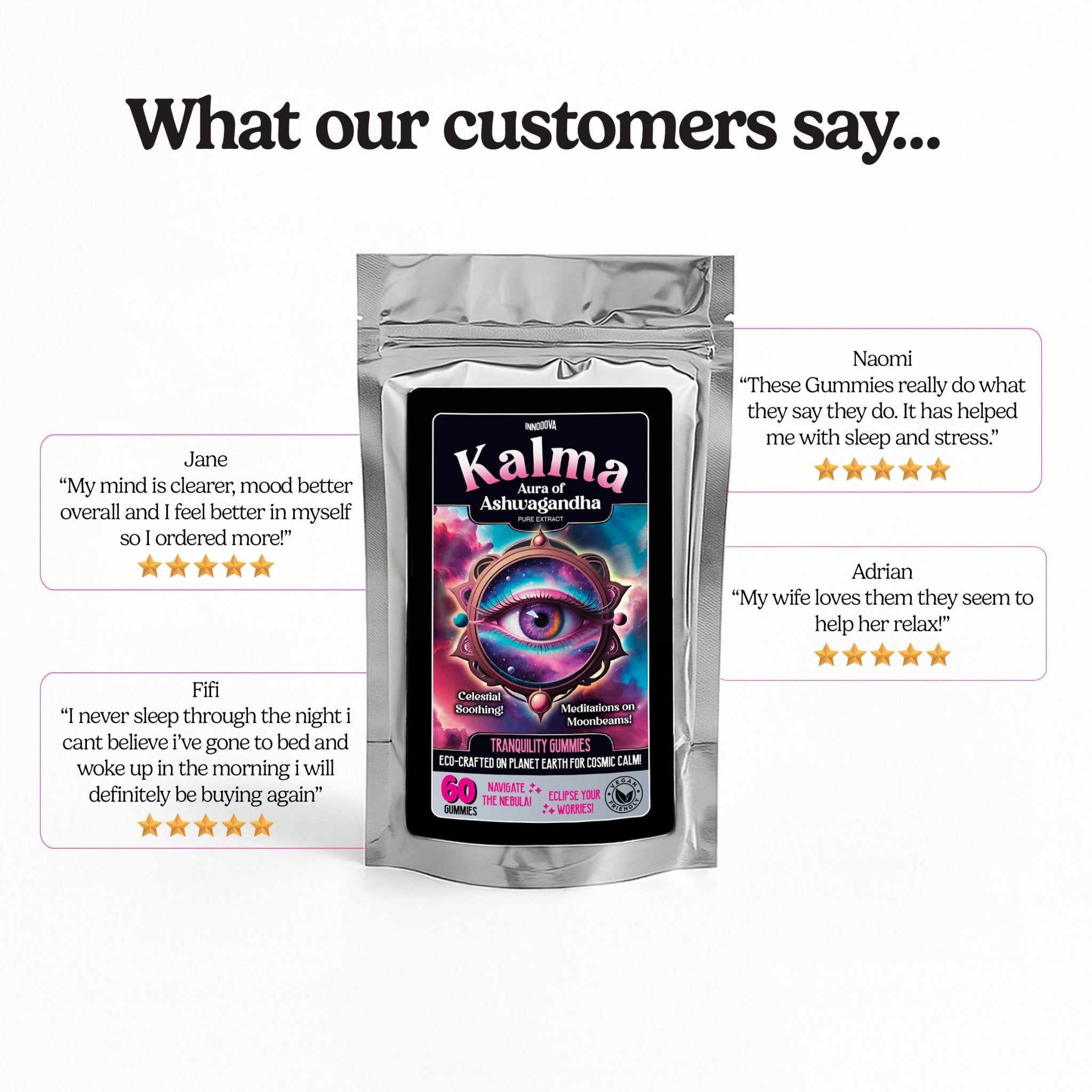 Innooova Kalma Trial Pack with product reviews and user feedback displayed on the packaging.