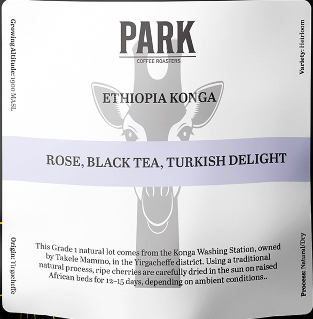 Roasted Ethiopia Konga coffee beans from Park Coffee, showing glossy, aromatic coffee beans in a close-up image.