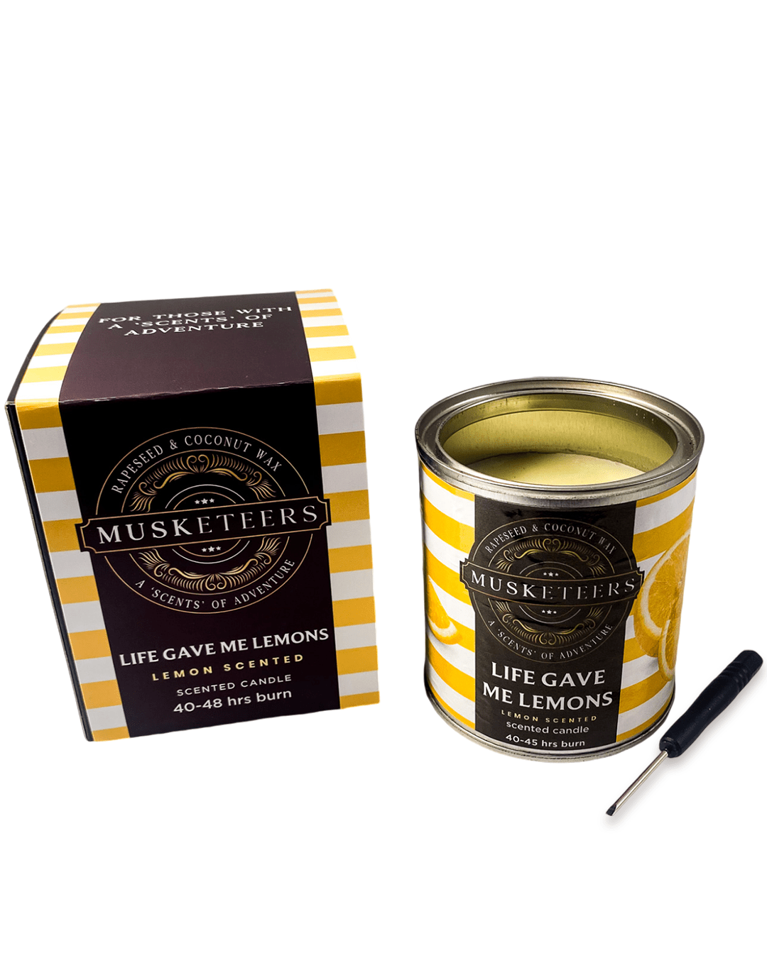 Musketeers Lemon Candle with bright yellow wax and lemon-themed label, showcasing a fresh citrus scent and sleek design.