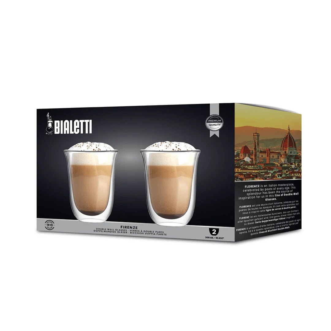 Set of two Brew Italia Firenze double-walled glass tumblers for coffee, showcasing clear glass with sleek design and double-wall insulation.
