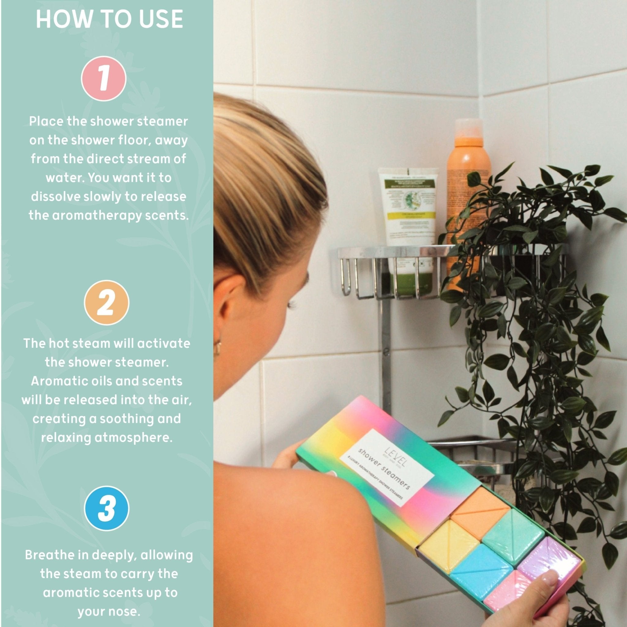 SMUG Energising Shower Steamers in a bathroom setting, showing how to use the aromatic steamers for a refreshing shower experience.