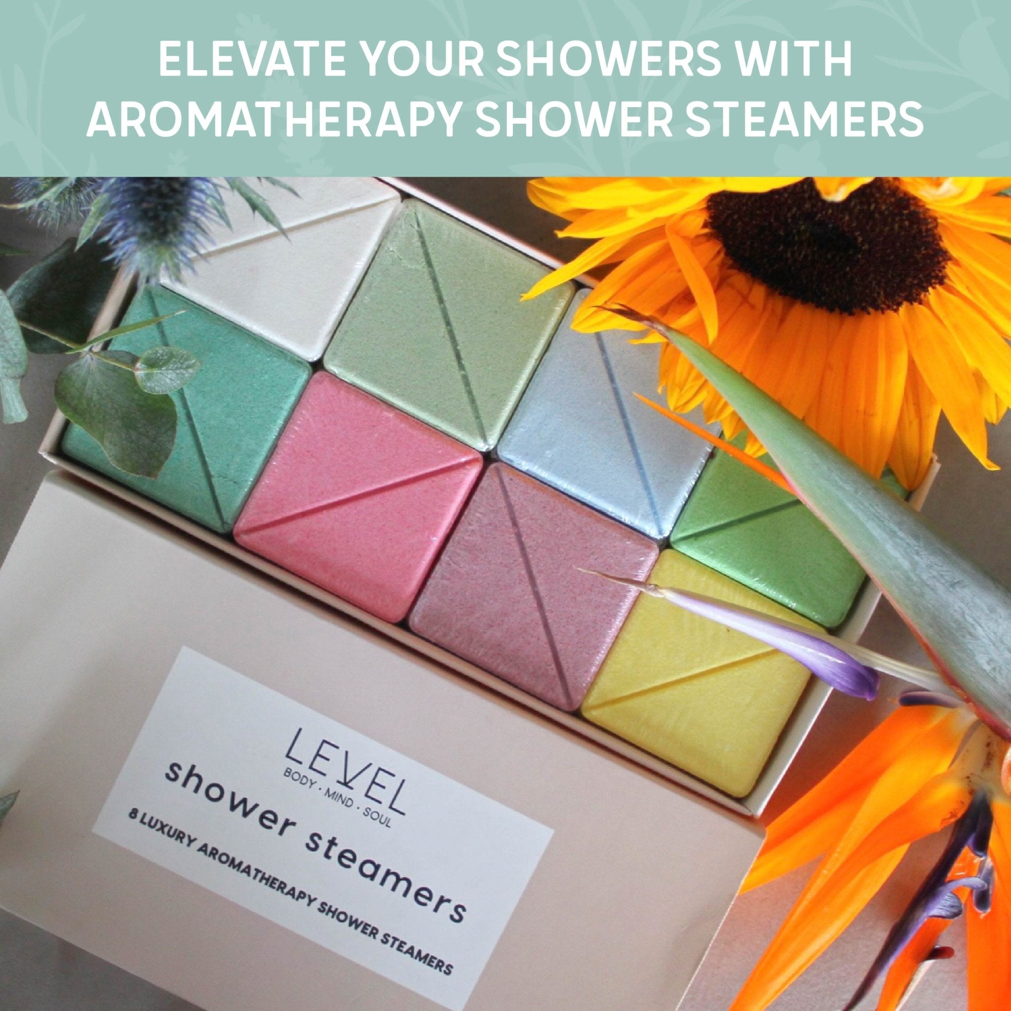 SMUG Relaxing Shower Steamers displayed on a bathroom shelf with natural lighting, designed to enhance shower relaxation.